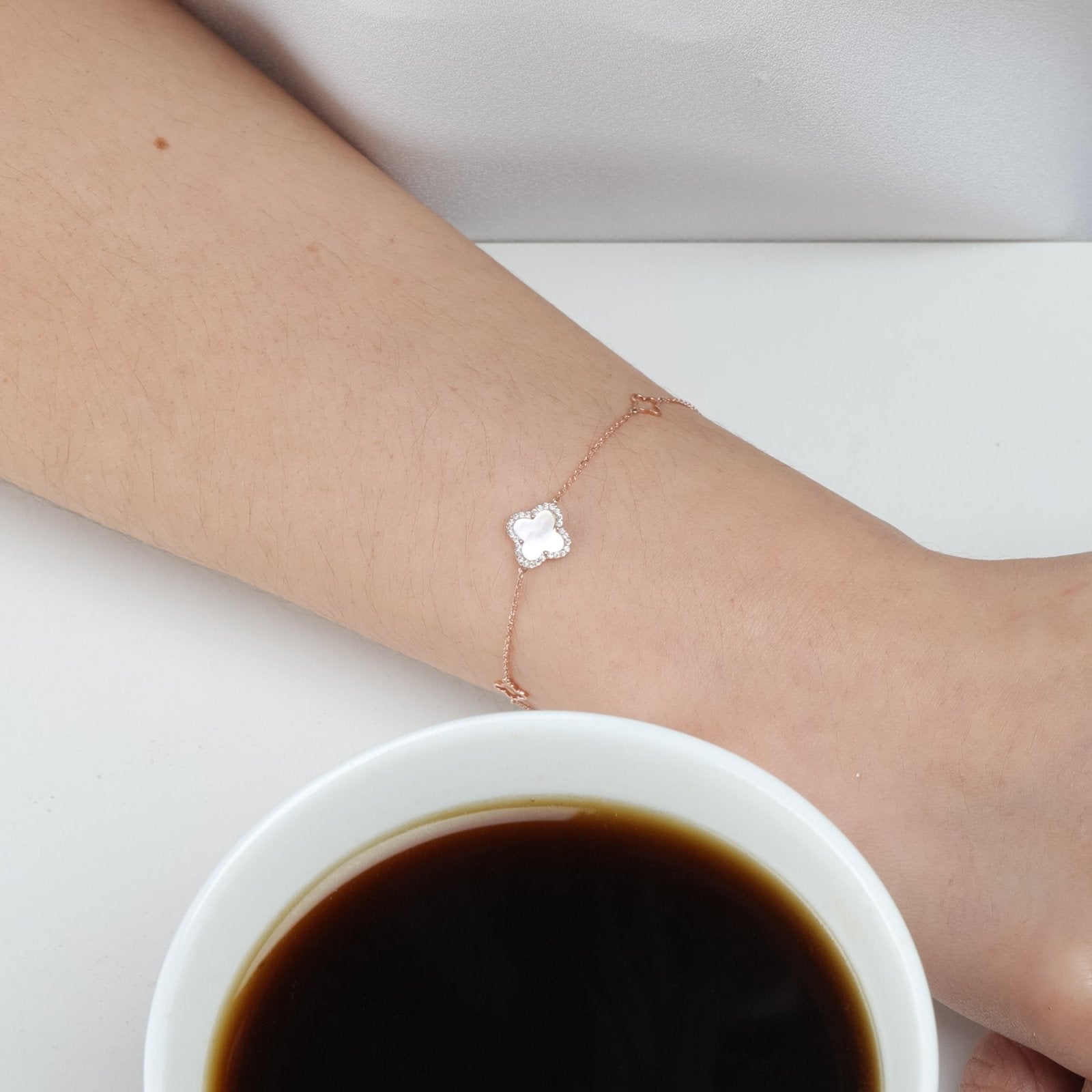 14k Rose Gold Mini Mother of Pearl & Diamond Halo Clover Bracelet - Elegant Dainty Station Jewelry for Women, Perfect for Everyday Wear, Gift Giving & Special Occasions