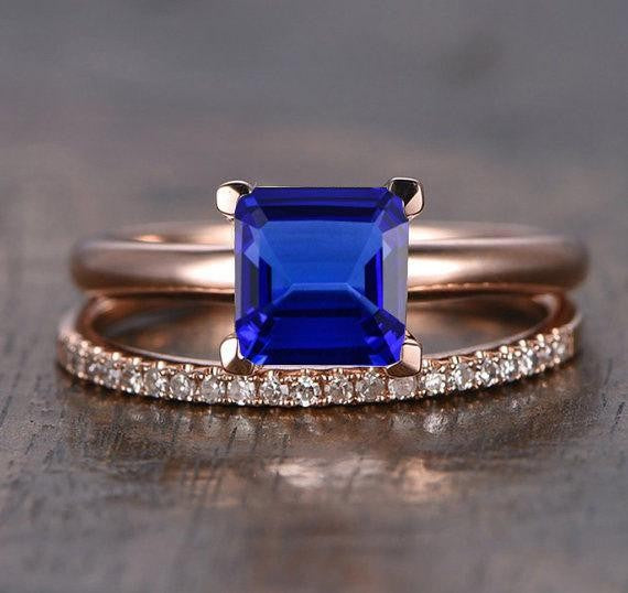 1.25 Carat Blue Sapphire & Moissanite Diamond Halo Bridal Ring Set in 10K Rose Gold - Engagement Wedding Jewelry for Her