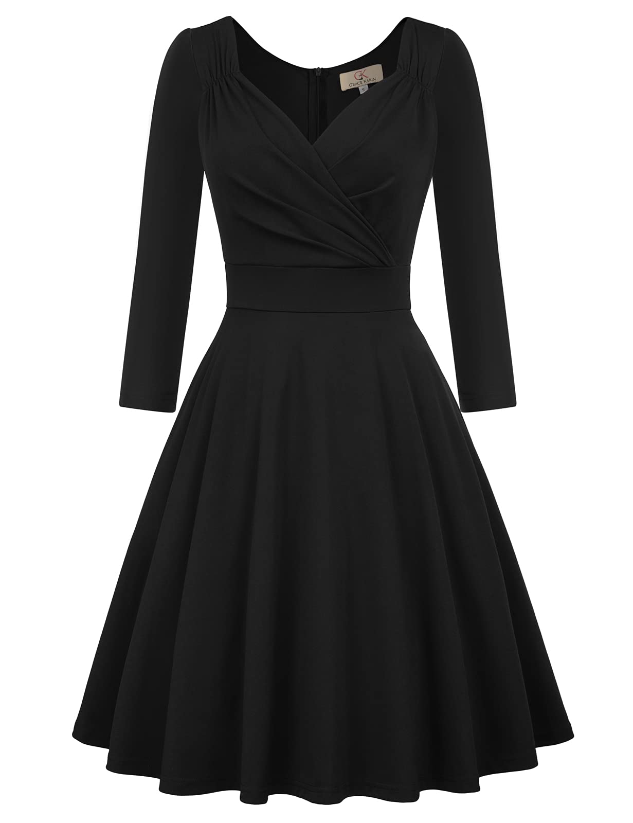 GRACE KARIN Women's 3/4 Sleeve Flared Wrap V-Neck Swing Dress - Elegant Cocktail, Wedding Guest & Party Dress for Special Occasions | Perfect for Evening Events, Date Nights & Formal Gatherings