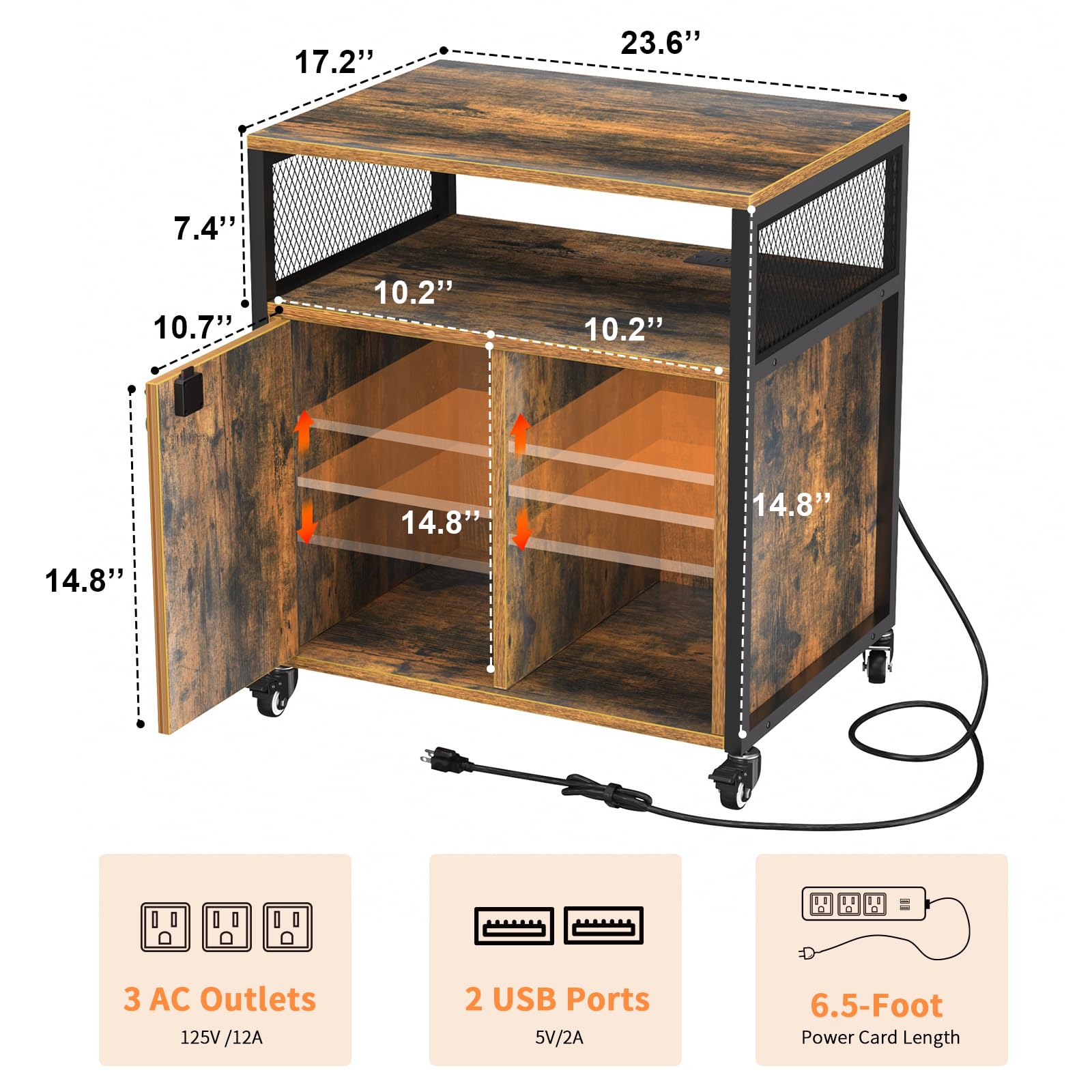 Locking Braking Wheels File Cabinet with Charging Station & Storage - Heavy Duty Mobile Filing Cabinet for Office & Home, A4 Letter Size Document Organizer - Perfect for Workspaces, Home Offices & Printer Stand Storage Solutions