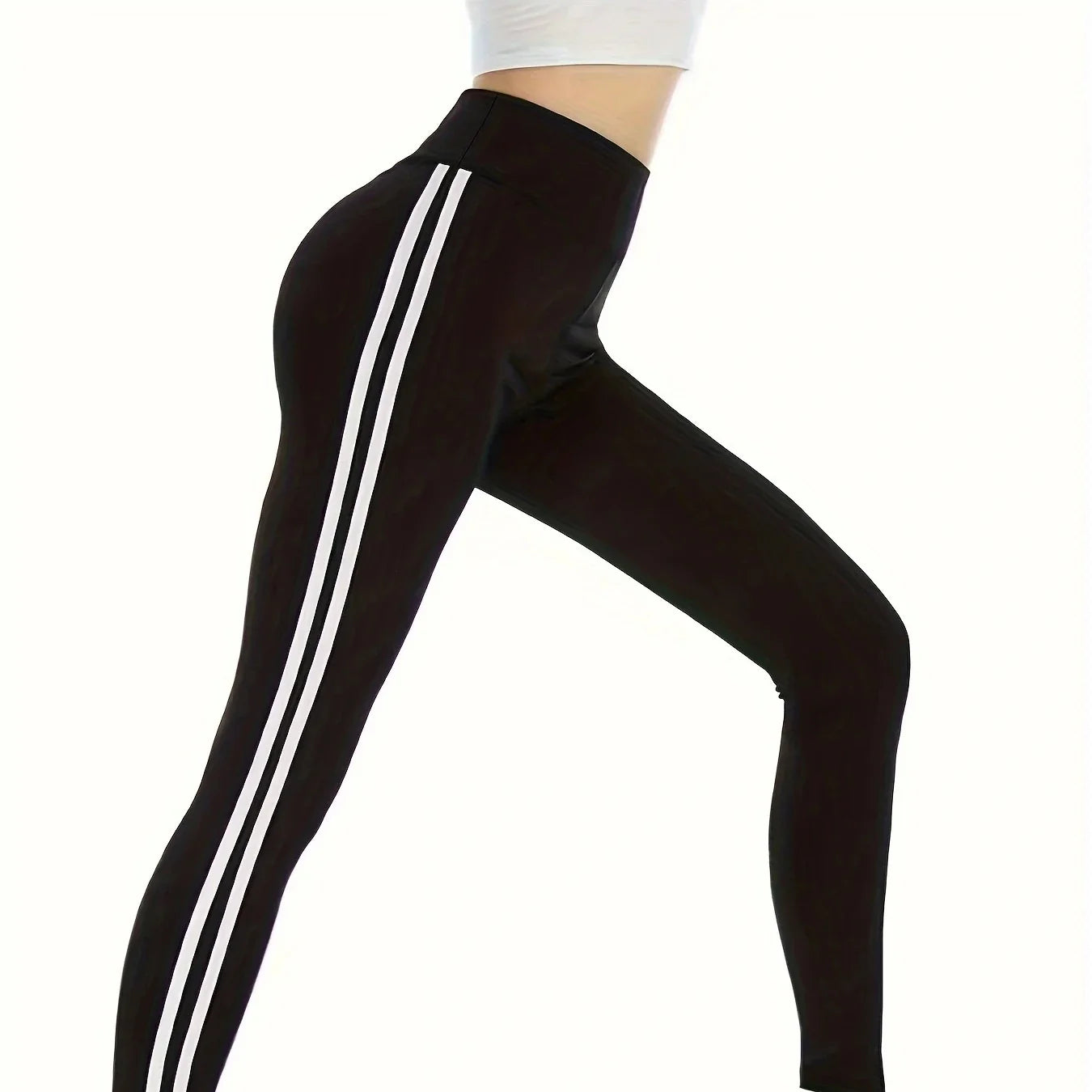 Korean Style Fashion Stripe High Stretch Gym Leggings for Women - White Line Workout Leggings YT91006 | Perfect for Yoga, Running & Fitness Training