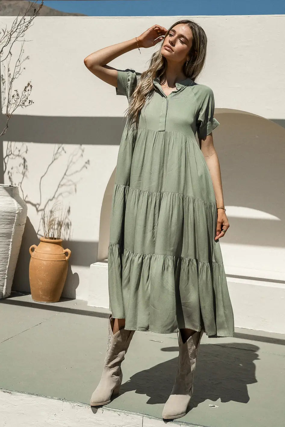 Amanda Tiered Flowy Dress for Women in Sage Green - Elegant Boho Maxi Dress for Summer, Beach, Weddings & Special Occasions