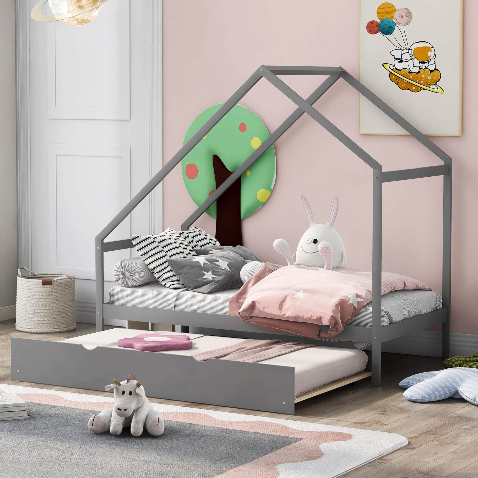 Wooden House Bed Frame with Twin Size Trundle - Twin Bed with Slat Support & Mattress Foundation (No Box Spring Needed) - Easy Assembly Kids Bedroom Furniture for Cozy Sleepovers & Playtime