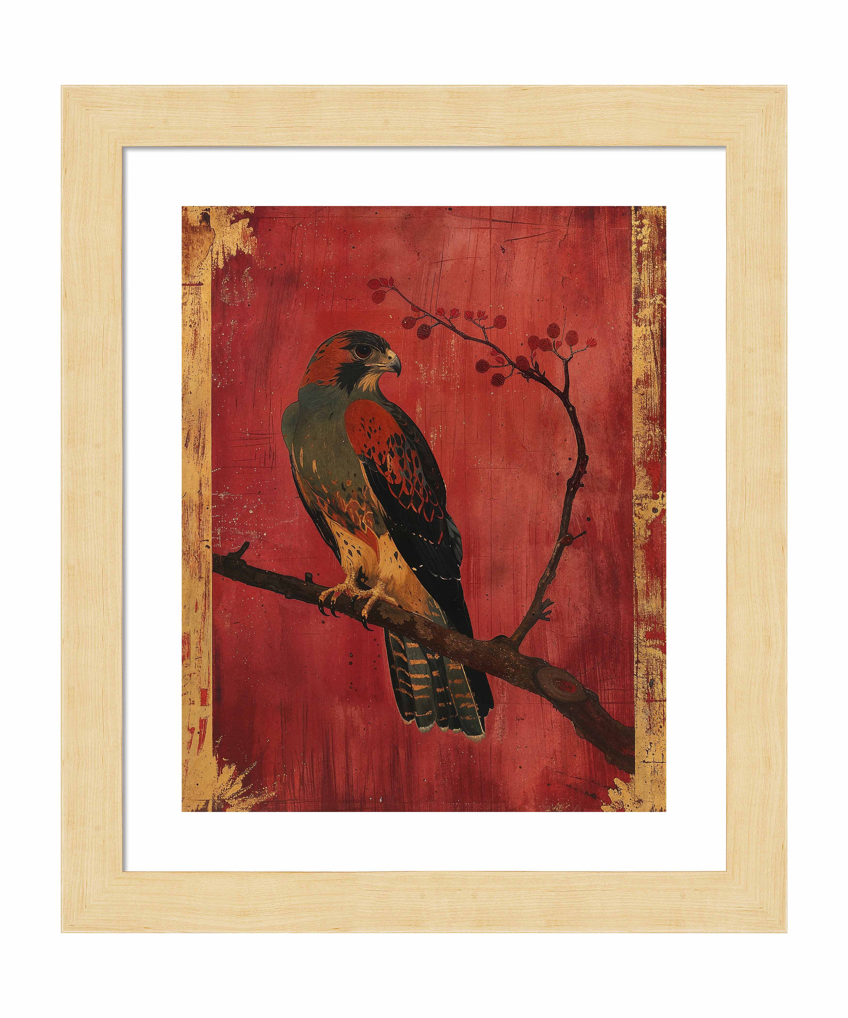 Crimson Majesty Falcon of the Silk Road Art Prints - Elegant Wall Decor for Living Room, Bedroom & Office | Historical Silk Road Inspired Artwork