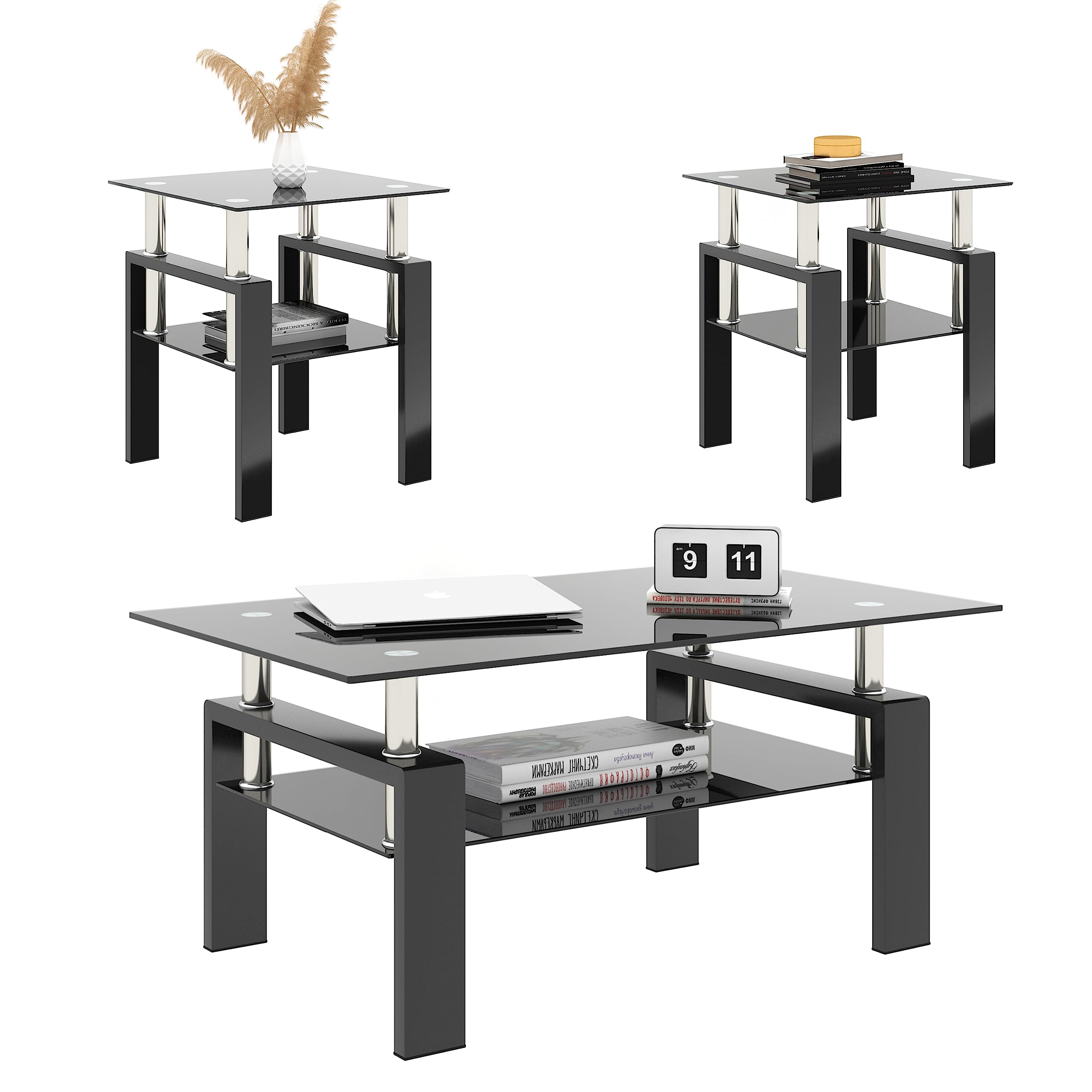 Modern All-Black Glass Coffee Table Set of 3 Pieces - Tempered Glass Top with Sturdy Metal Legs - Perfect for Living Room, Lounge & Home Decor
