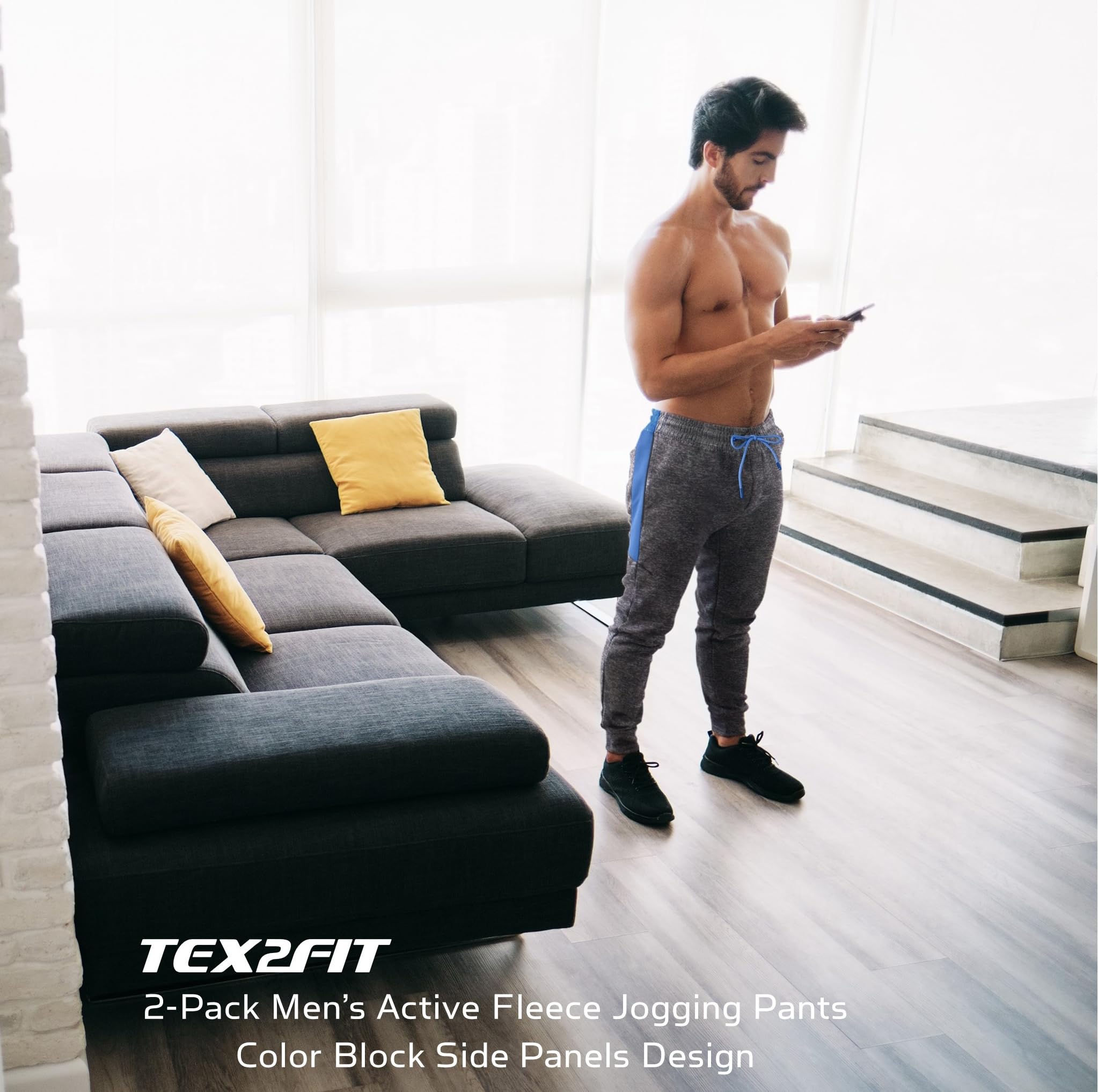 TEX2FIT 2-Pack Men's Active Fleece Joggers with Side Pockets - Soft Comfortable Workout Pants for Running, Gym & Lounge (Black, 2-Piece Set) - Perfect for Jogging, Yoga & Casual Wear