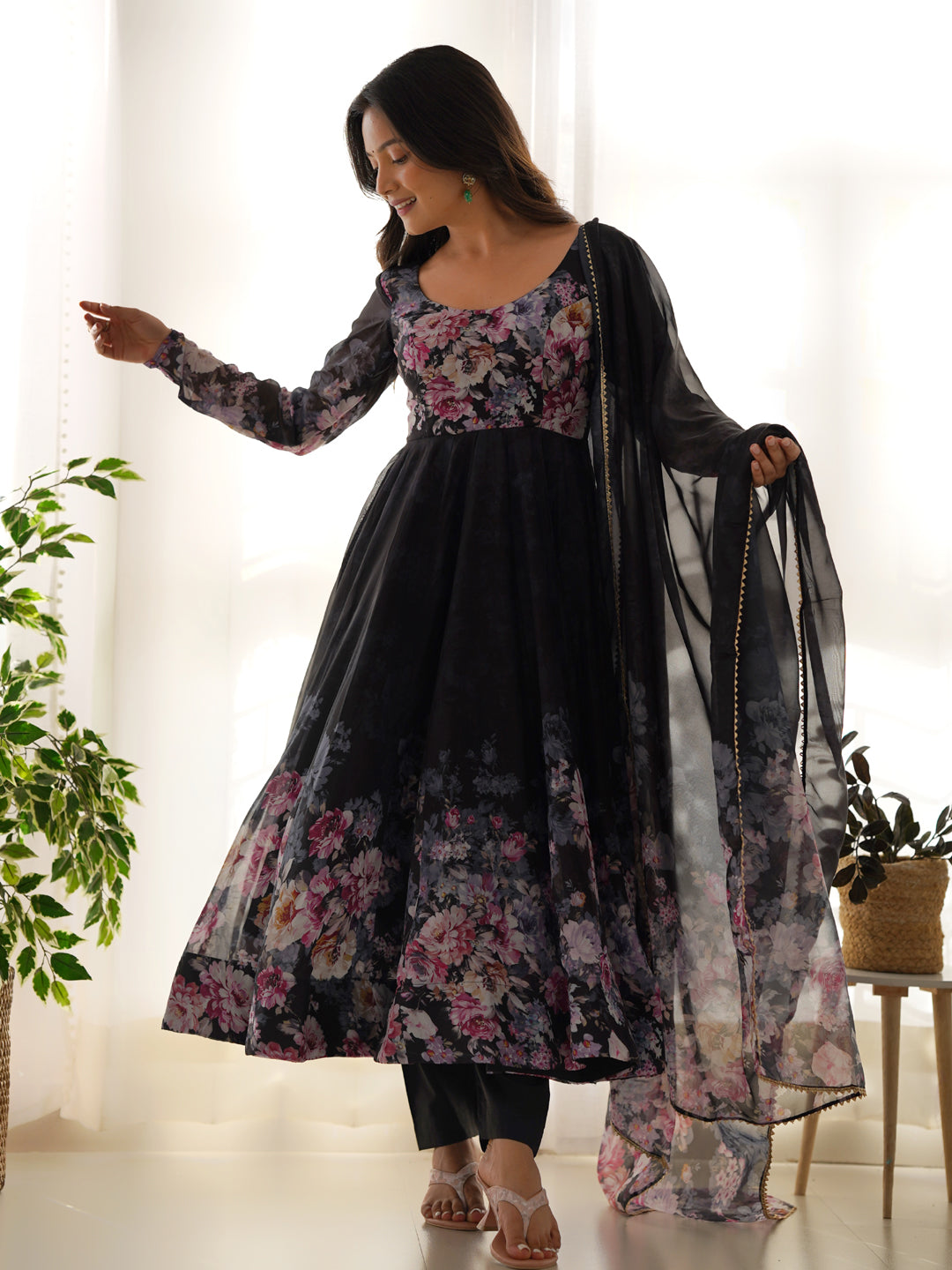 Black Heavy Pure Soft Organza Silk Printed Anarkali Dress with Micro Cotton Lining - Perfect for Weddings, Parties & Special Occasions