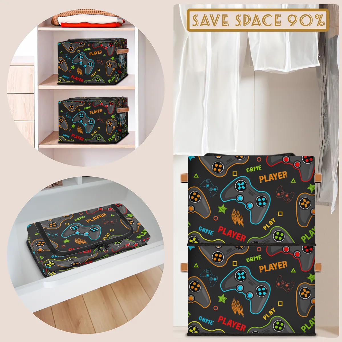 Game Themed Fabric Storage Bins with Zipper Lid - 2 Pack Stackable Cube Organizer Baskets for Clothes, Toys & Video Game Accessories - Steel Frame Design for Closet, Shelf & Bedroom Storage