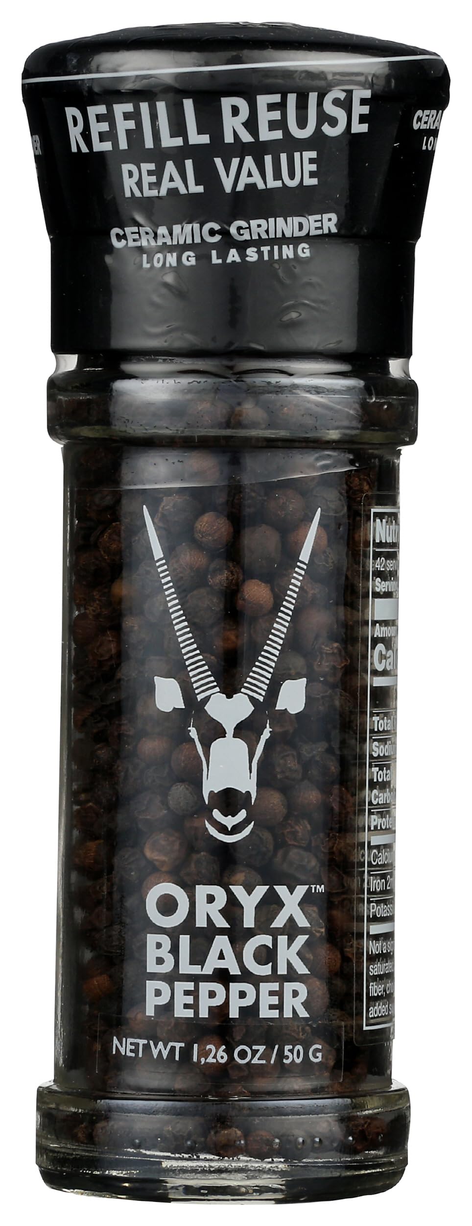 Premium Oryx Black Pepper Grinder - 1.26 oz Refillable Glass Bottle with Adjustable Coarseness - Perfect for Cooking, Grilling & Seasoning Steaks, Salads & Pasta Dishes