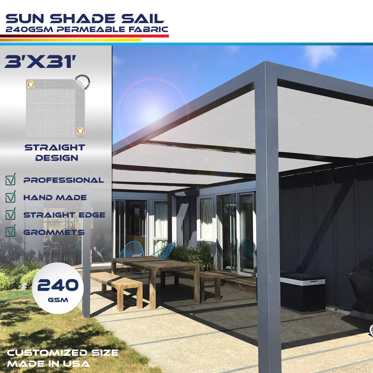 3' x 31' UV Block Sun Shade Sail Canopy - Outdoor Straight Edge Sunshade with Grommets & D-Rings for Pergola, Backyard, Patio (Light Gray) - Perfect for Sun Protection in Gardens, Pool Areas and Outdoor Living Spaces