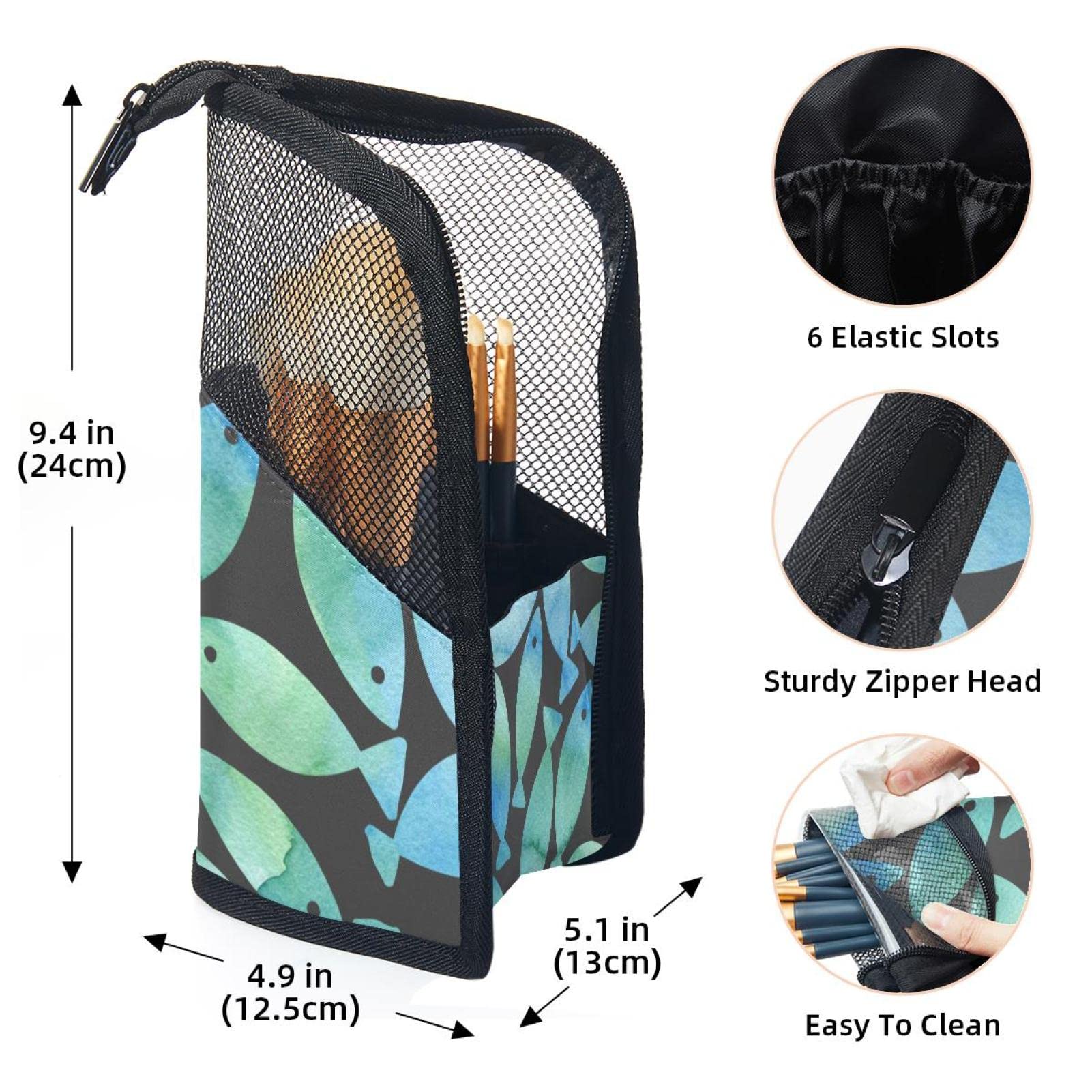 12-Piece Makeup Brush Organizer Bag Set - Green Fish Watercolor Design, Portable Cosmetic Brush Holder Case for Travel & Home Storage