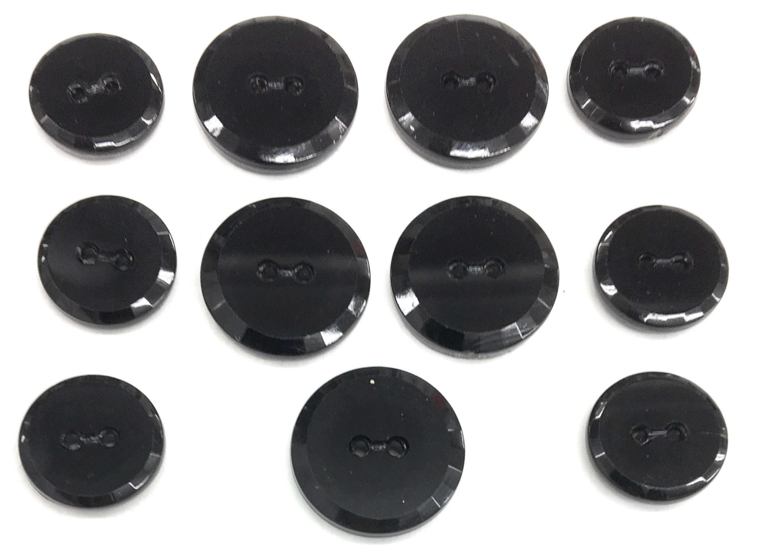 Jet Black Glass Buttons Set - 2 Hole Faceted Design for Dresses & Suits (11pc - 5pc 1