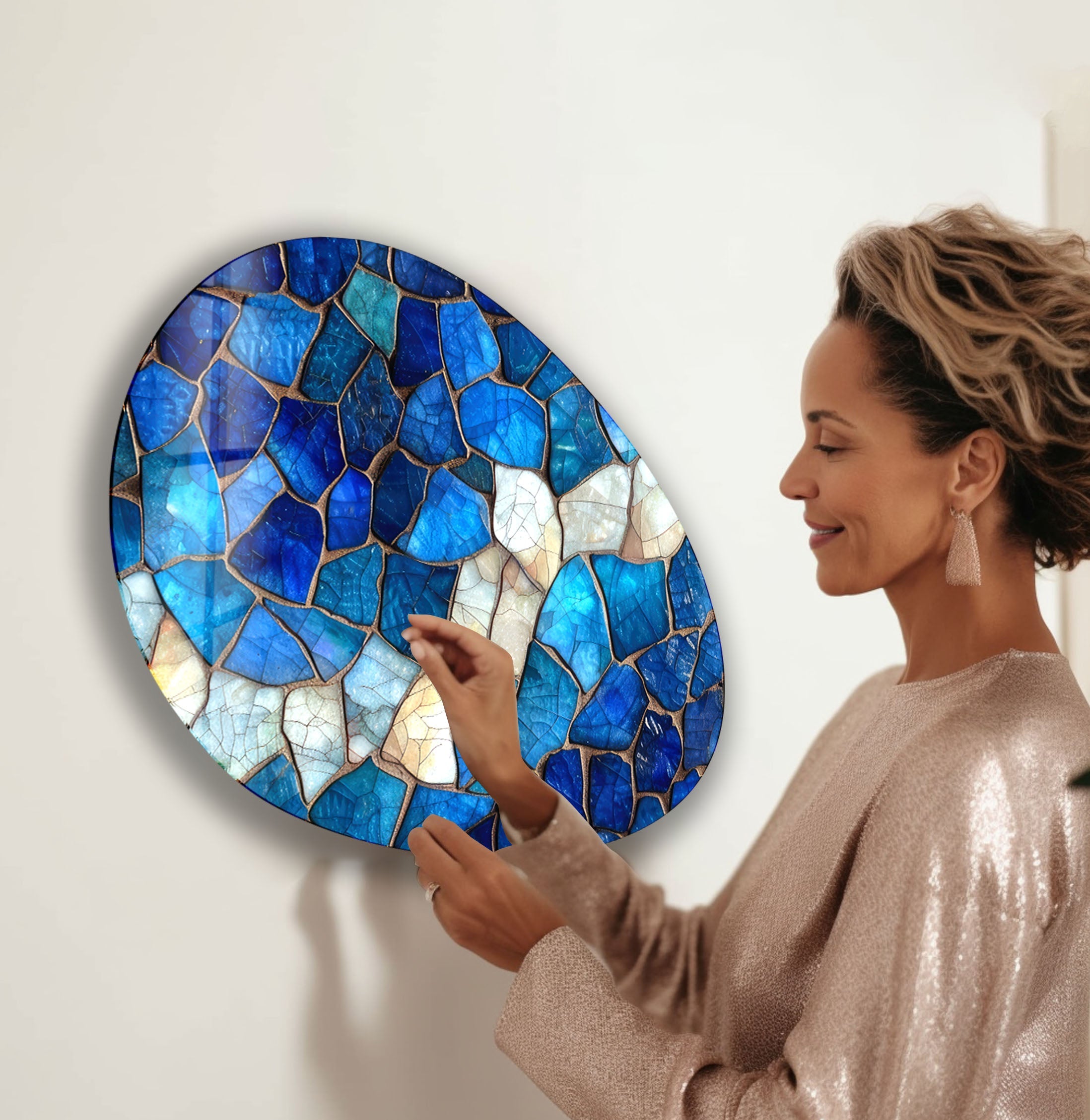 Blue Stained Decorative Oval Glass Wall Art - Handcrafted Modern Home Decor for Living Room, Bedroom & Office