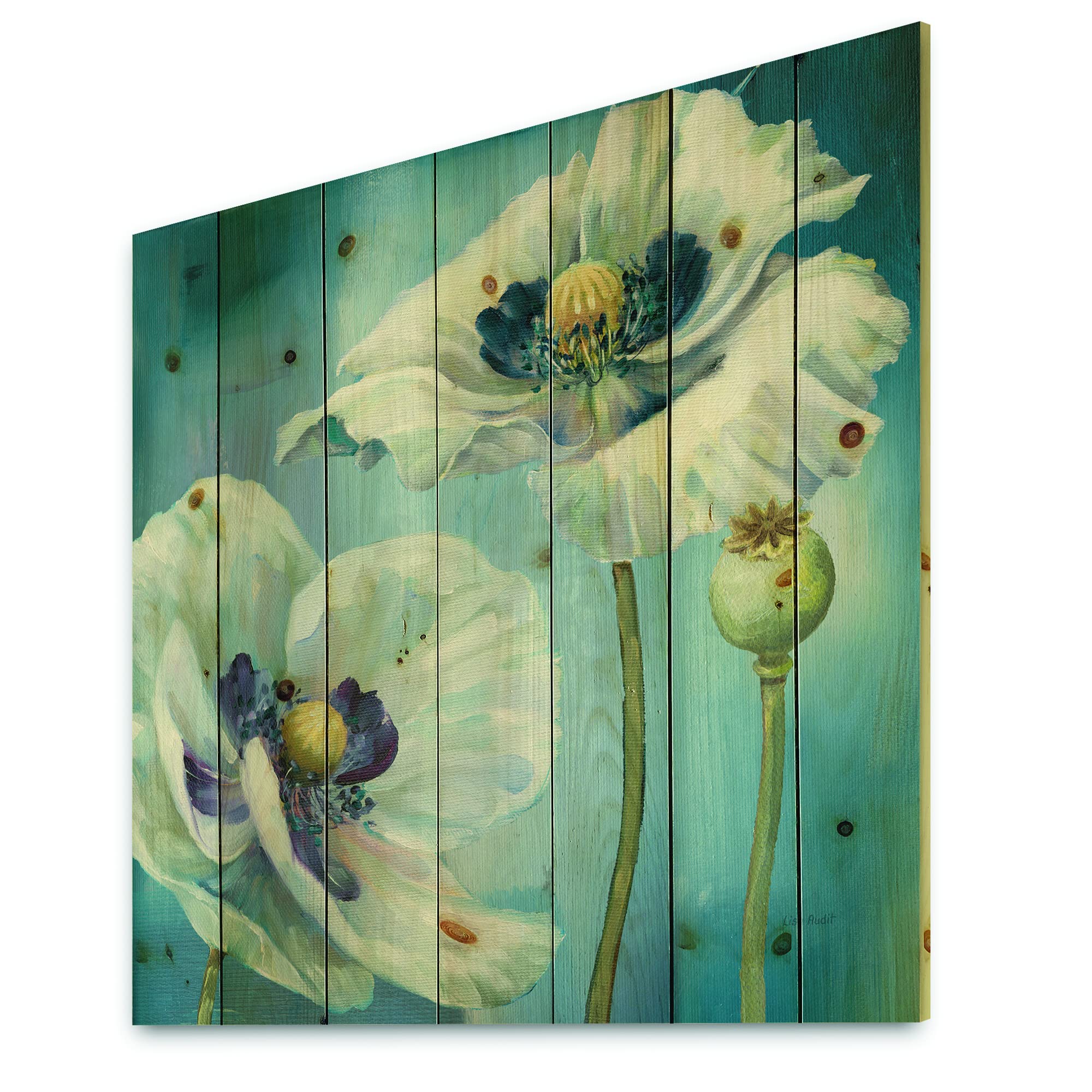 Farmhouse Wood Wall Decor - White Flower on Blue Floral Wood Art Panel, Large Pine Wood Wall Hanging for Living Room, Bedroom & Home Office Decor