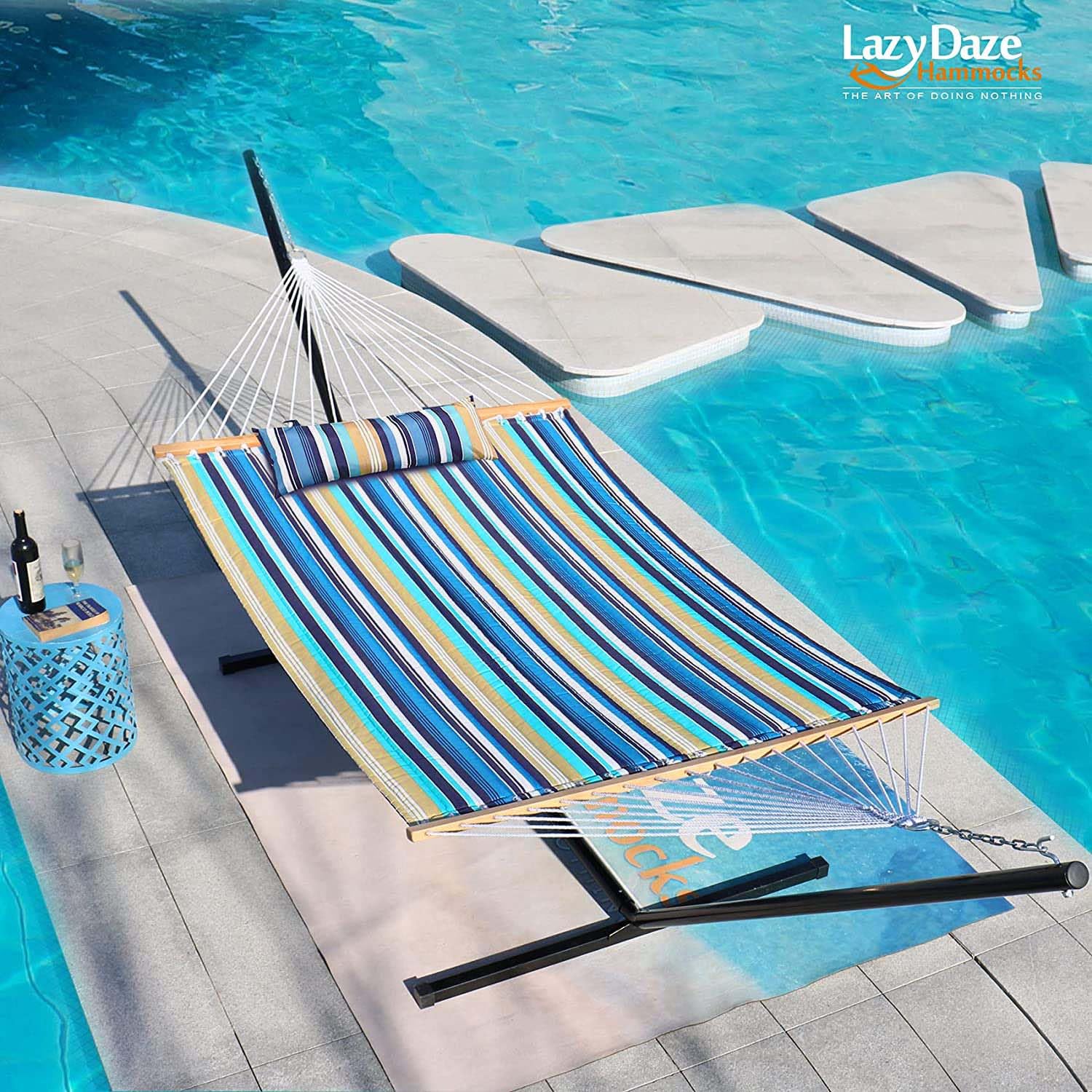 Lazy Daze Quilted Fabric Double Hammock with 12-Foot Stand - 2-Person Outdoor Hammock with Pillow for Patio, Garden, Backyard & Beach - 450LB Capacity - Perfect for Relaxing, Lounging & Napping in Your Outdoor Space