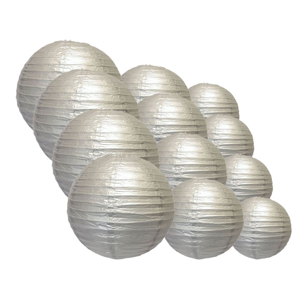 12 Pack Silver Chinese Paper Lanterns - Hanging Wedding & Party Decoration Set (12/10/8 Inch) - Perfect for Asian Weddings, Birthday Parties & Home Decor