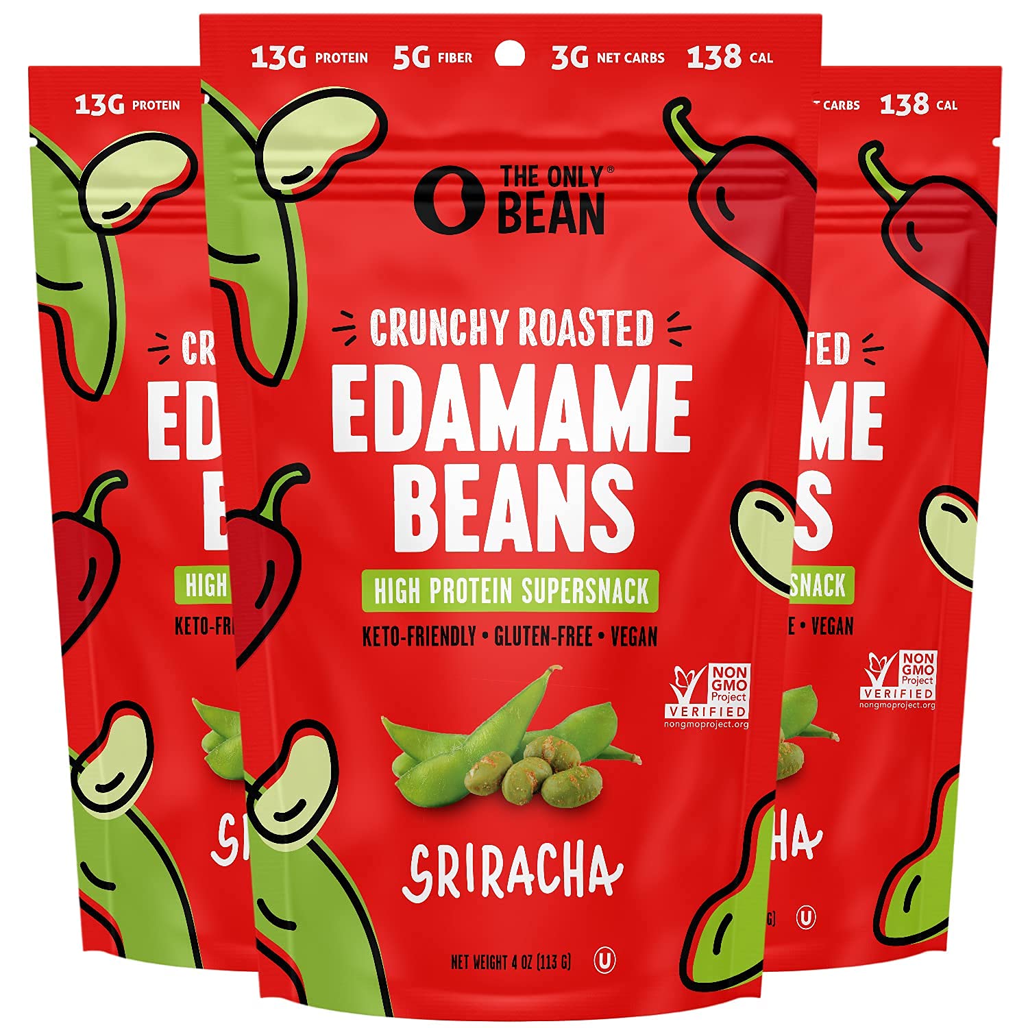 Crunchy Roasted Edamame Beans Sriracha Flavor - High Protein Keto Snacks (13g Protein, 3g Net Carbs) - Low Calorie Gluten-Free Vegan Food - Perfect for On-the-Go Snacking, Office Lunch & Keto Diet - 4oz (3 Pack)