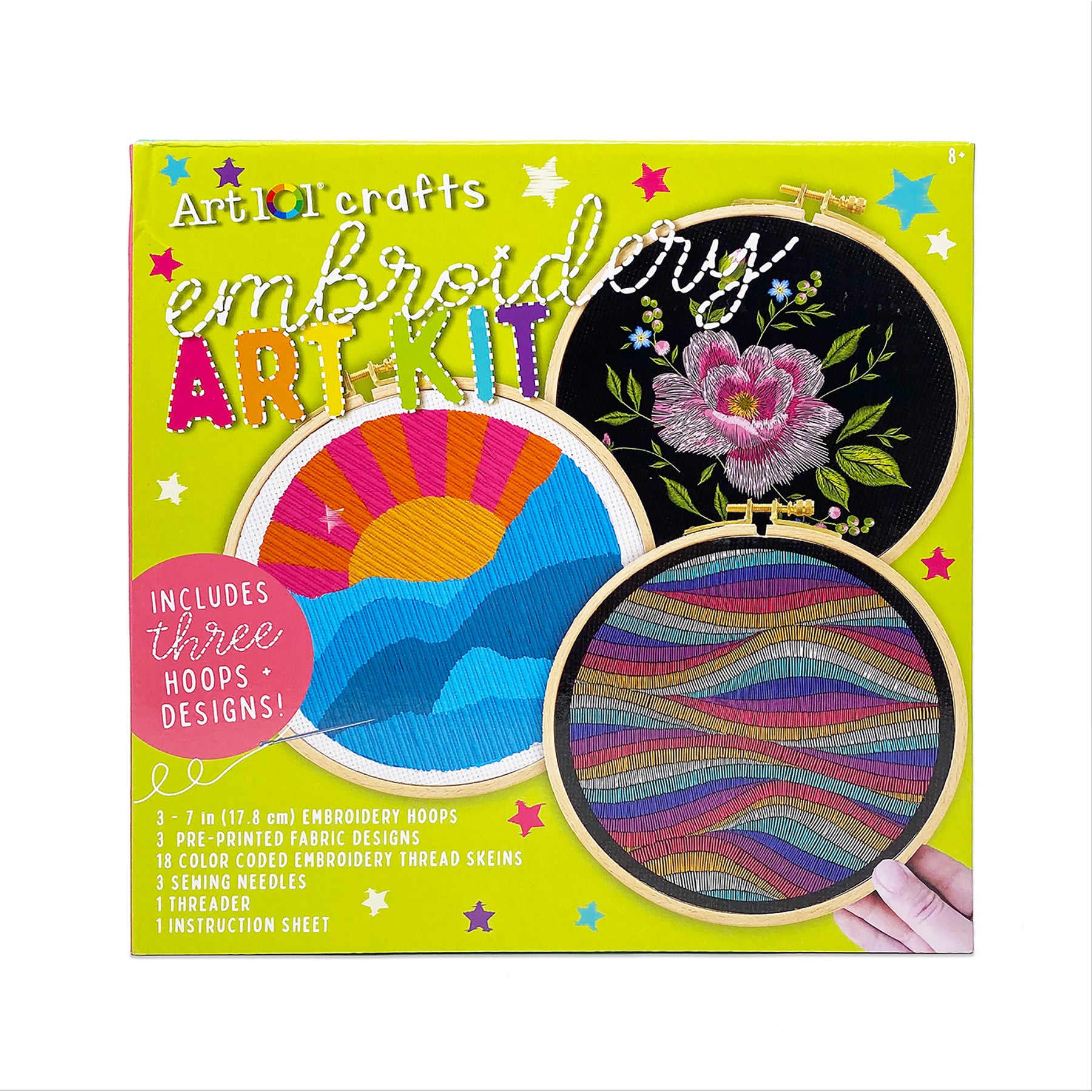 Art 101 Beginner's Embroidery Kit with 3 Design Projects - Complete Starter Set for DIY Hand Embroidery, Cross Stitch & Needlework - Perfect for Home Decor, Gifts & Relaxation