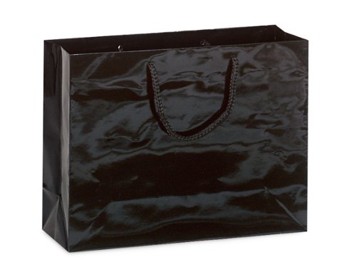 100 Pack Medium 13 x 5 x 10 Inch Solid Black Deluxe Glossy Laminated Paper Gift Bags - Perfect for Birthday Parties, Weddings, Baby Showers & Corporate Events