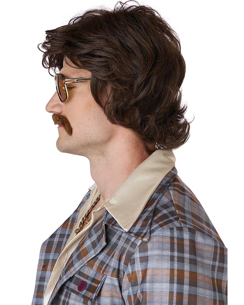70s Disco Daddy Short Brown Wig with Mustache - Vintage Costume Accessory for Halloween, Cosplay, and 70s Theme Parties