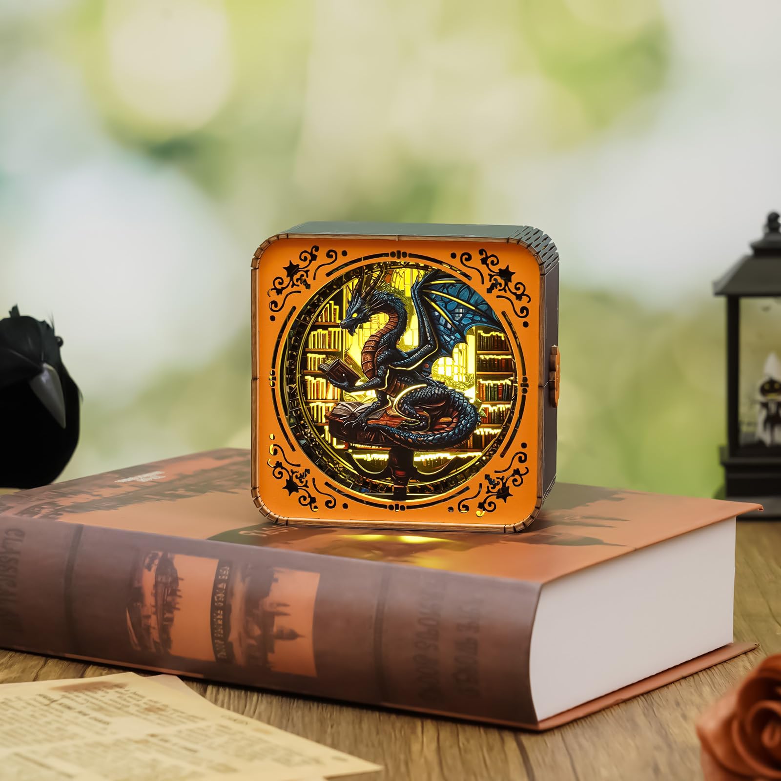 WOODBESTS 3D Wooden Puzzle Night Light - DIY Library's Dragon Puzzle for Adults & Seniors - Exquisite Desk Decor for Puzzle Lovers - Perfect for Bedroom, Study Room & Gift Giving
