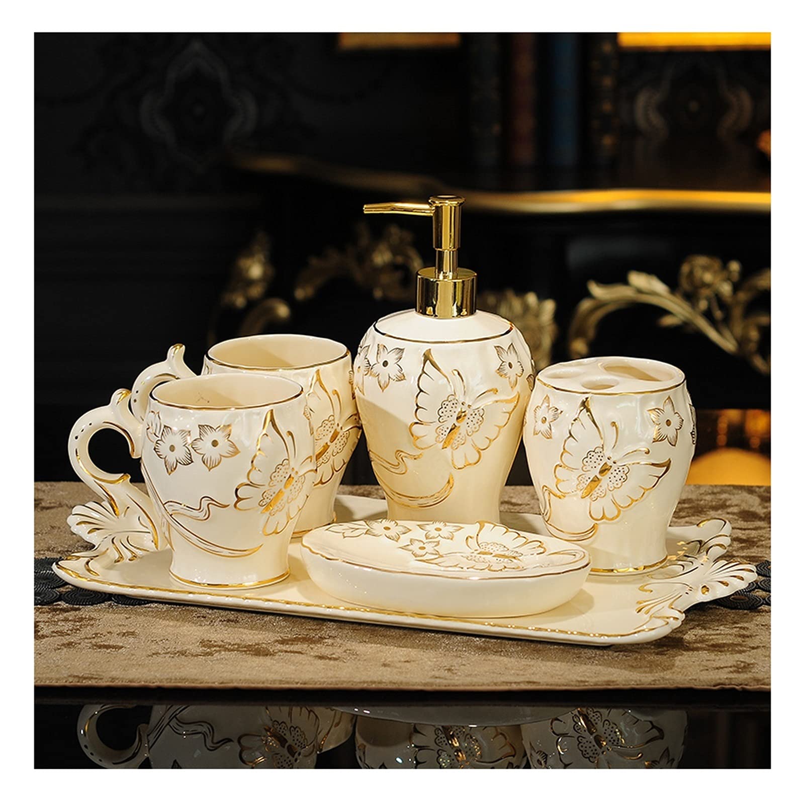 Elegant Ceramic Soap Dispenser Set - 6-Piece Bathroom Accessories with Gilt Carved Pattern (Soap Pump, Toothbrush Holder, Mouthwash Cup, Soap Dish & Tray) - Perfect for Luxury Bathroom Decor & Housewarming Gifts