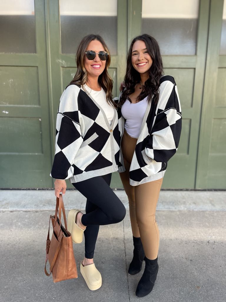 PREORDER: Black Checkers Contrast Trim Cardigan for Women | Stylish Knit Sweater for Fall & Winter | Perfect for Office, Casual Outfits & Layering