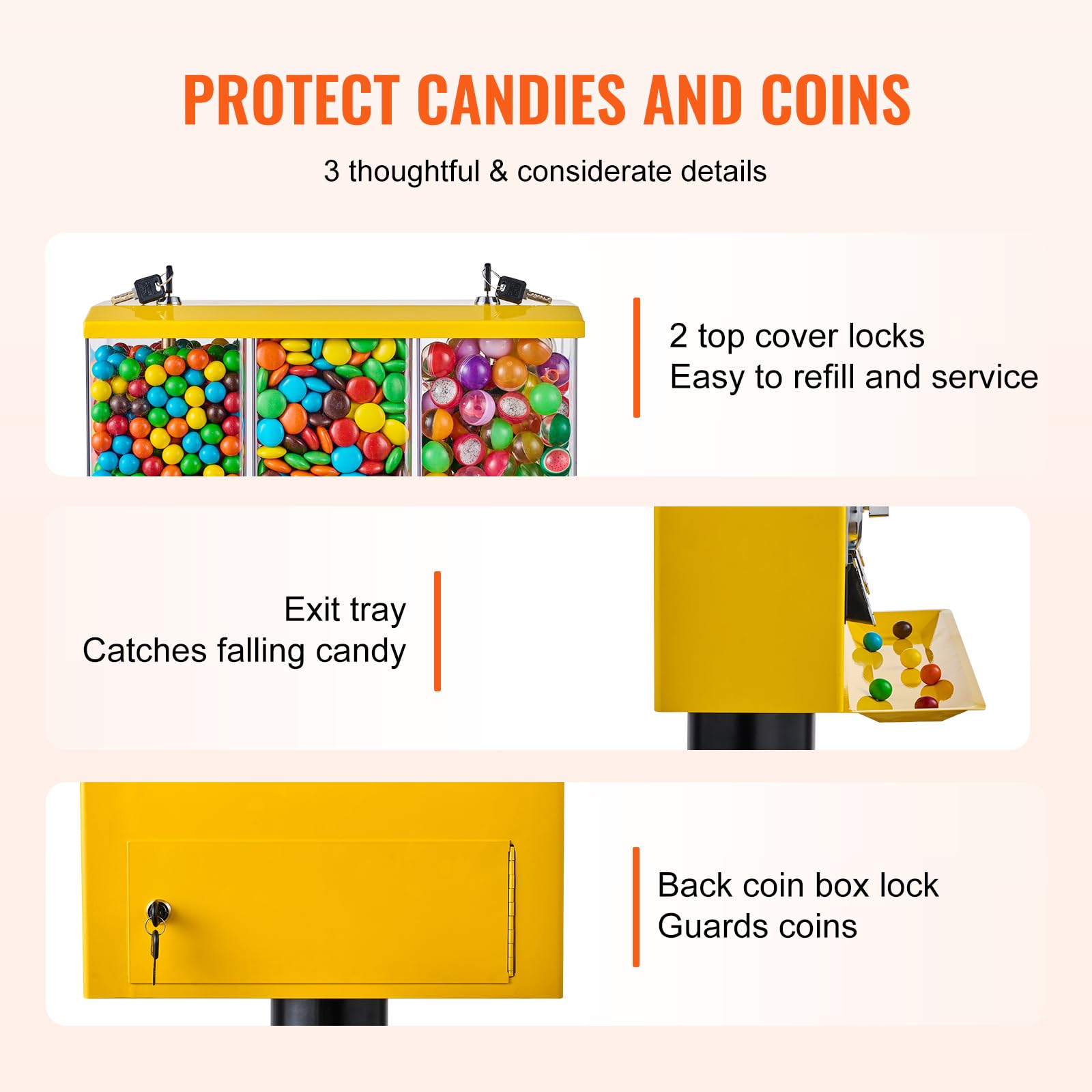 VBENLEM Triple Head Candy Vending Machine - 1 Inch Gumball Dispenser with Adjustable Outlet & Stand | Commercial & Home Use for Arcades, Parties, Retail Stores, and Family Fun