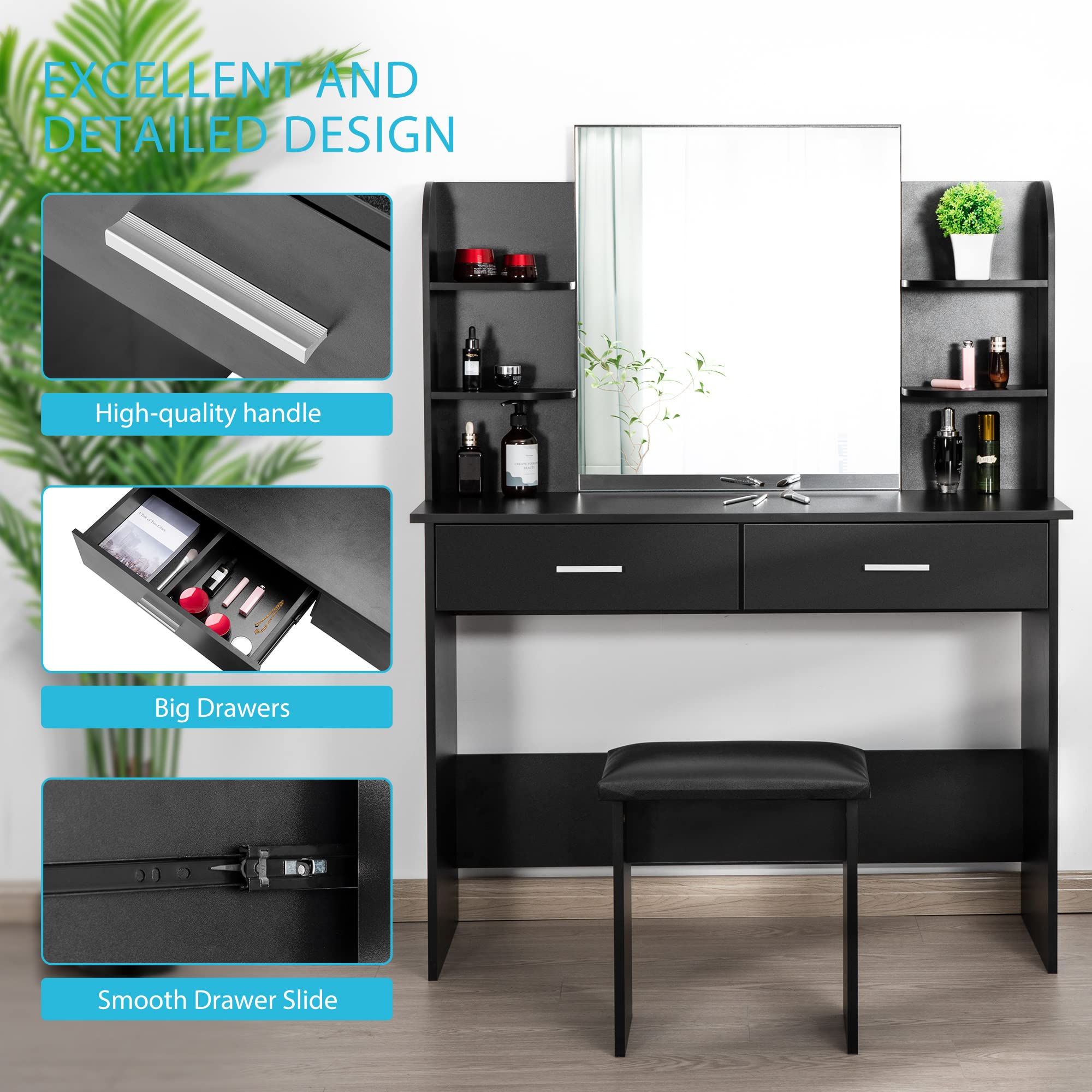 VIVOHOME Black Makeup Vanity Table Set with 3-Color Dimmable LED Mirror, 6 Storage Shelves & 2 Drawers, Includes Cushioned Stool - Perfect for Bedroom, Dressing Room & Beauty Salon Organization
