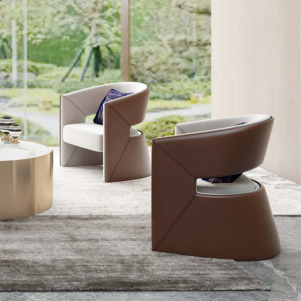 Modern Brown & Beige Solid Wood & Faux Leather Barrel Accent Chair - Perfect for Living Room, Bedroom, or Office Decor