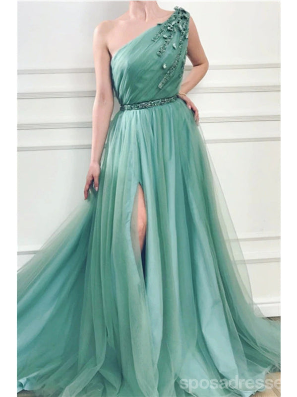 Elegant Green A-Line One Shoulder High Slit Long Prom Dress for Women - Perfect for Homecoming, Evening Gala & Formal Events