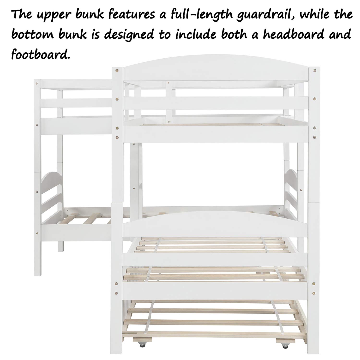P PURLOVE Twin Bunk Bed L-Shaped Bunk Bed Frame with Twin Trundle Bed - No Box Spring Needed - Sturdy Metal Frame - Space Saving Kids Bedroom Furniture - Perfect for Small Rooms, Guest Rooms & Vacation Homes (White)