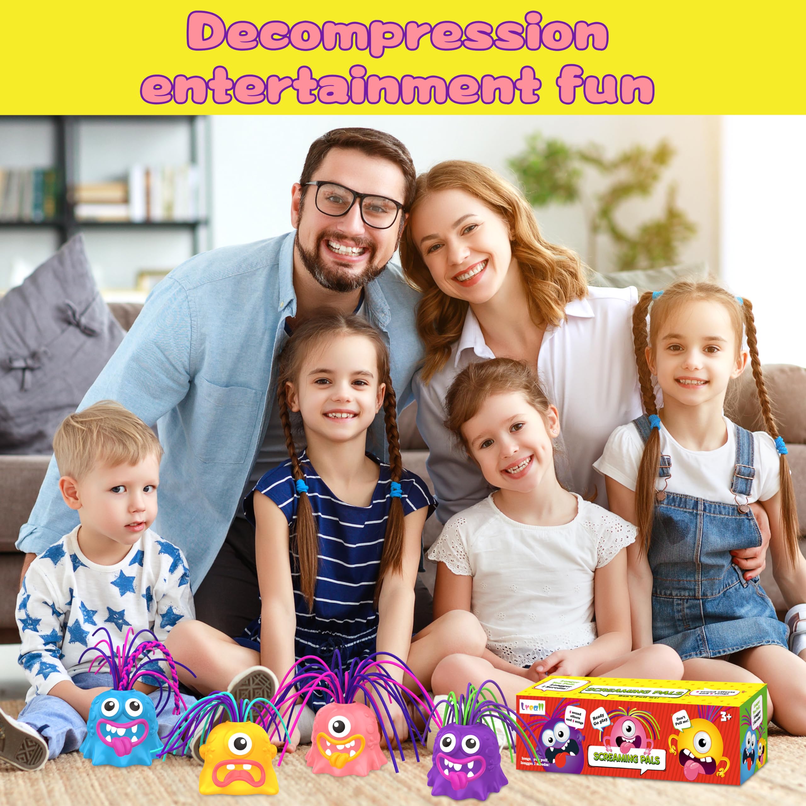 4PCS Fun Hair Pulling Fidget Screaming Monster Toys - Stress Relief & Anti-Anxiety Sensory Toys for Kids & Teens - Easter Basket Stuffers, Birthday Gifts for Boys & Girls Ages 3-7+ (Great for Classroom, Travel & Sensory Play)