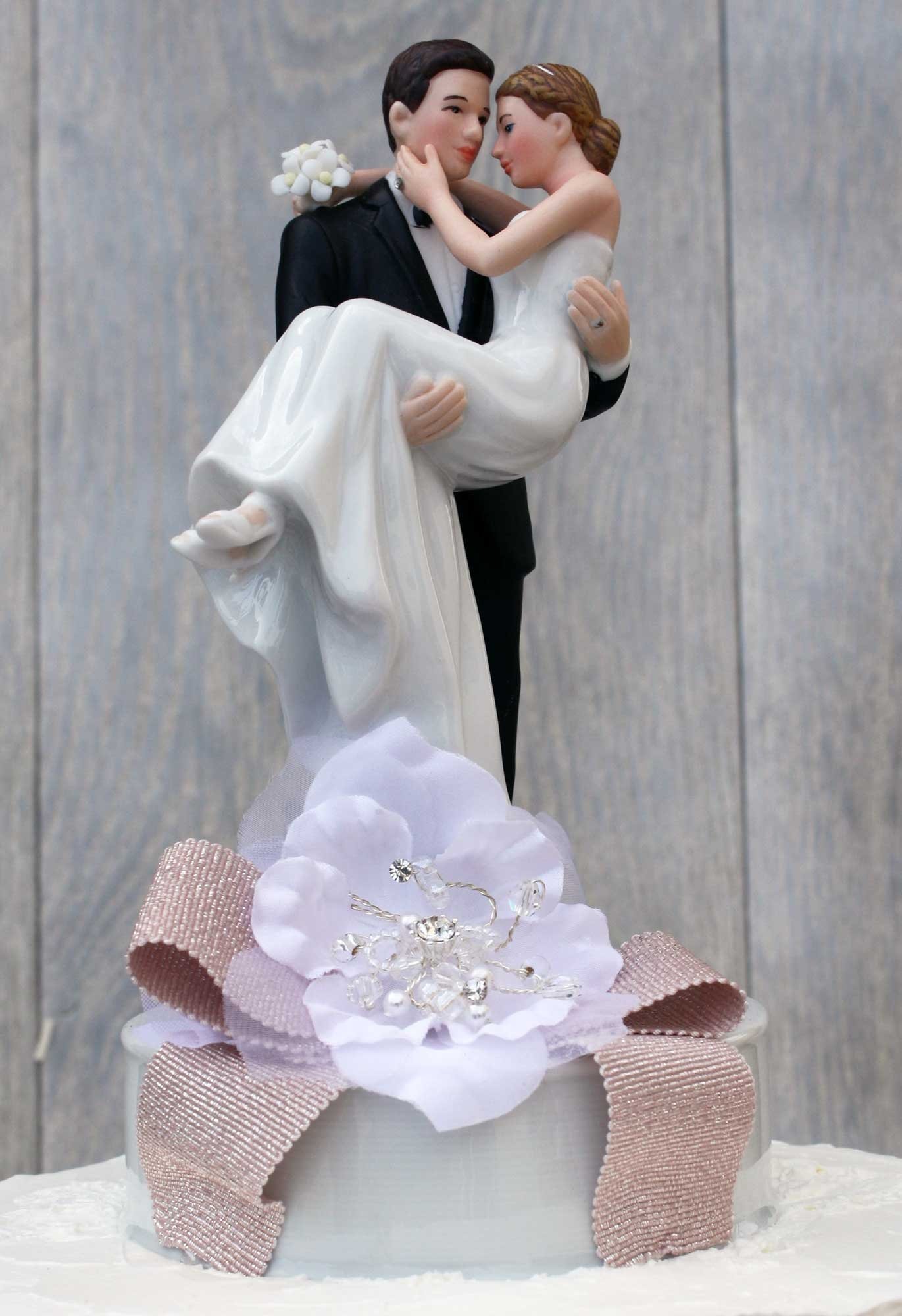 Elegant Ribbon Accent Groom Holding Bride Wedding Cake Topper - Perfect for Romantic Weddings & Anniversary Celebrations