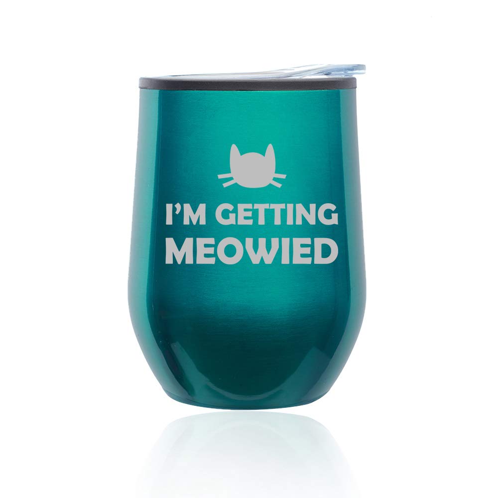 Stemless Wine Tumbler with Lid - Insulated Coffee Travel Mug Glass for Hot & Cold Drinks - 'I'm Getting Meowied' Funny Engagement Gift (Turquoise Teal) - Perfect for Bachelorette Parties, Wedding Showers & Coffee Lovers
