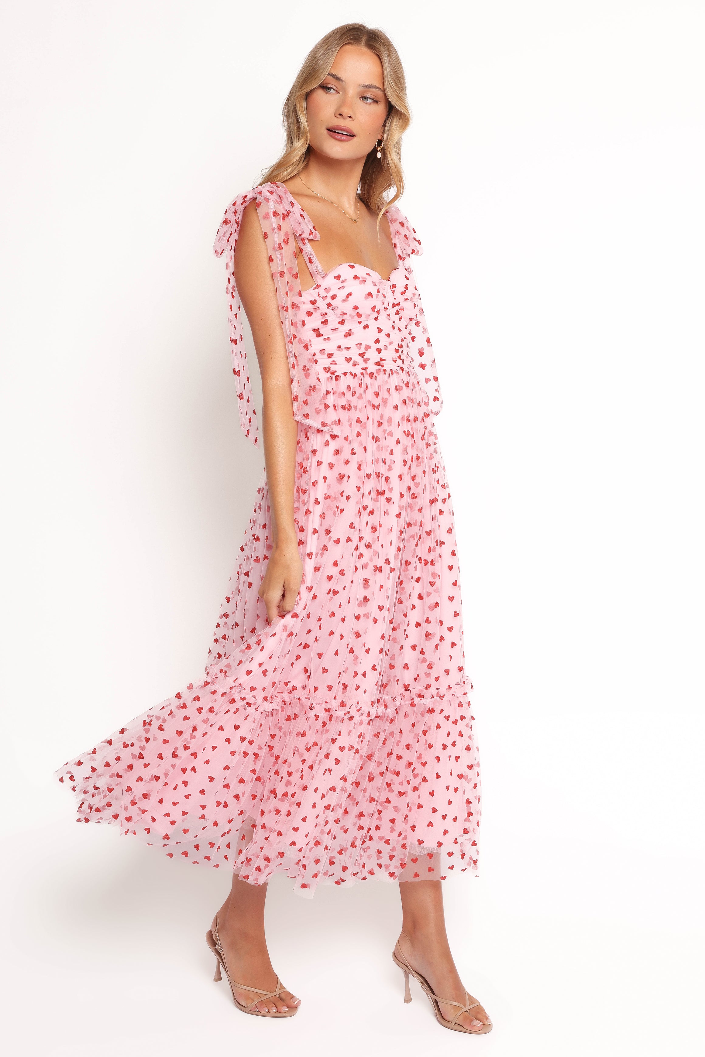 Floret Midi Dress with Red Hearts Print - Elegant Floral Summer Dress for Women | Perfect for Date Night, Garden Party & Casual Outings