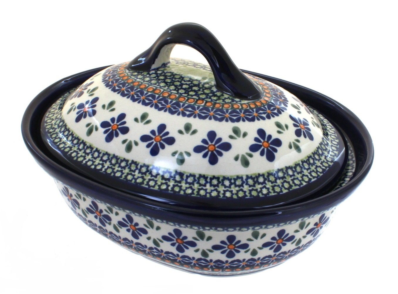 Blue Rose Polish Pottery Mosaic Flower Small Oval Baker with Lid - Handmade Ceramic Baking Dish for Casseroles, Desserts & Serving | Perfect for Holidays, Dinner Parties & Gift Giving