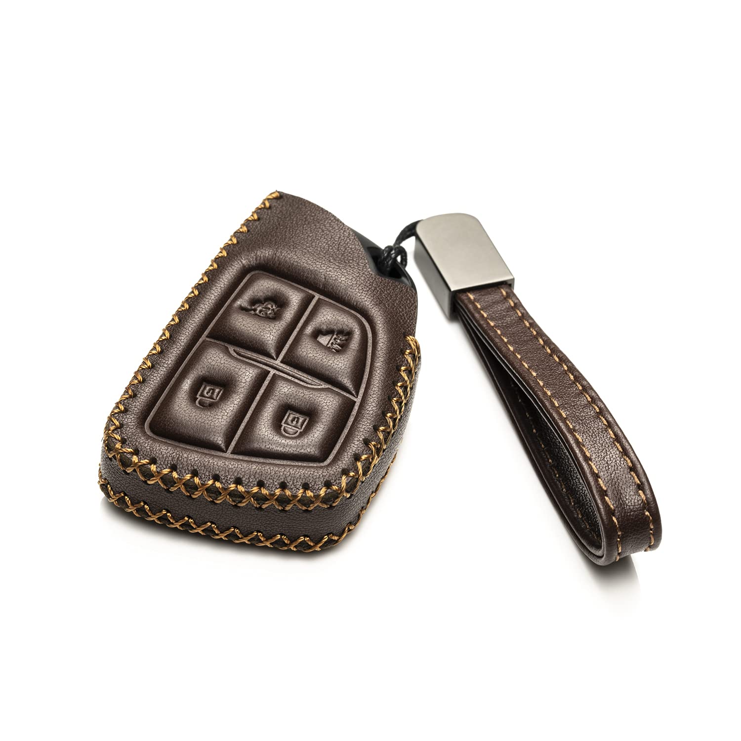 Genuine Leather Smart Key Fob Case with Leather Key Strap for Chevrolet Suburban/Tahoe/Silverado 2025 (4-Button, Brown) - Premium Protection & Style for Your Car Keys | Perfect for Daily Use, Travel & Gift Giving