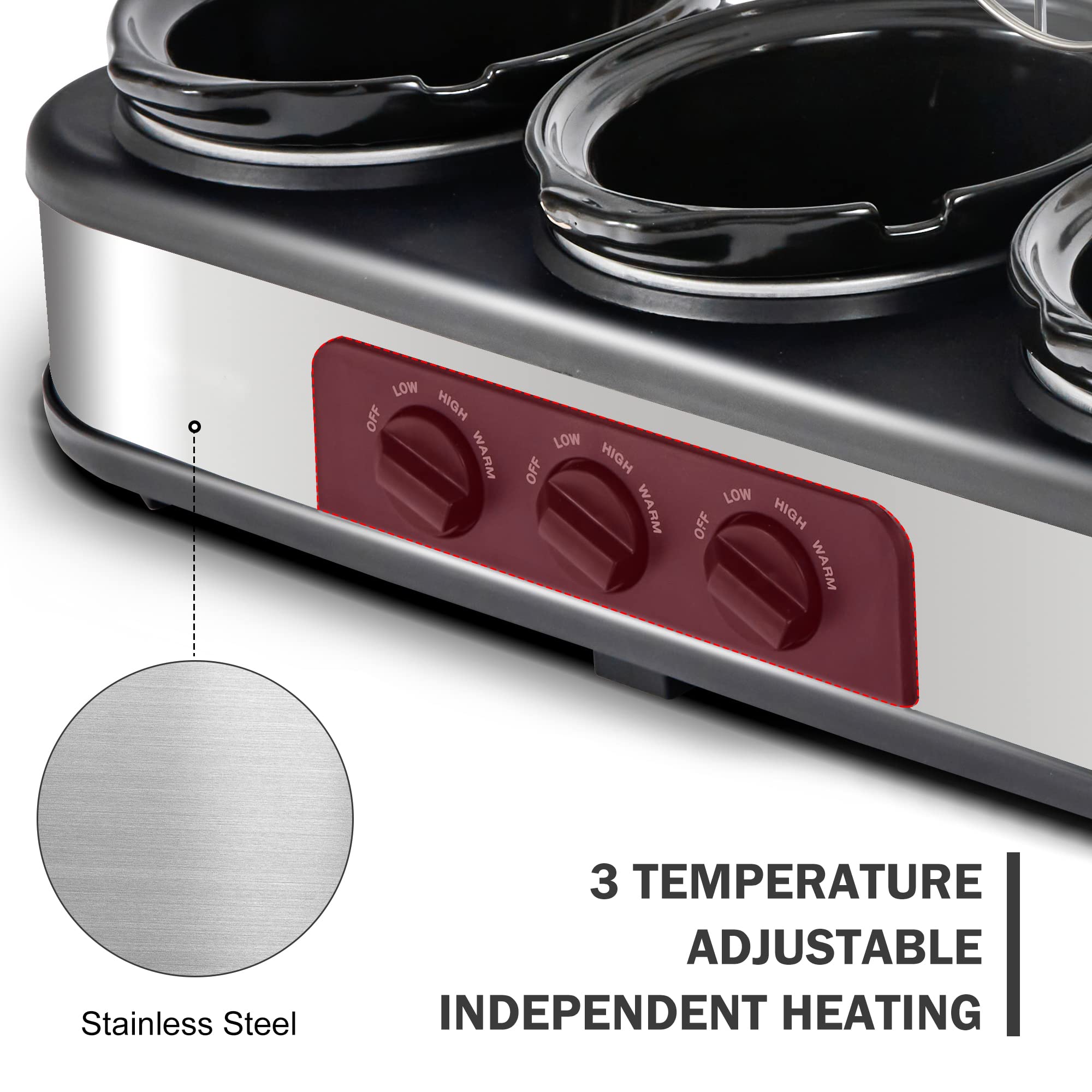 3-in-1 Stainless Steel Triple Slow Cooker with 3x1.5Qt Removable Bowls, Tempered Glass Lids & Adjustable Temperature Control - Perfect for Breakfast Buffets, Party Serving & Food Warming - Dishwasher Safe & Space-Saving Design