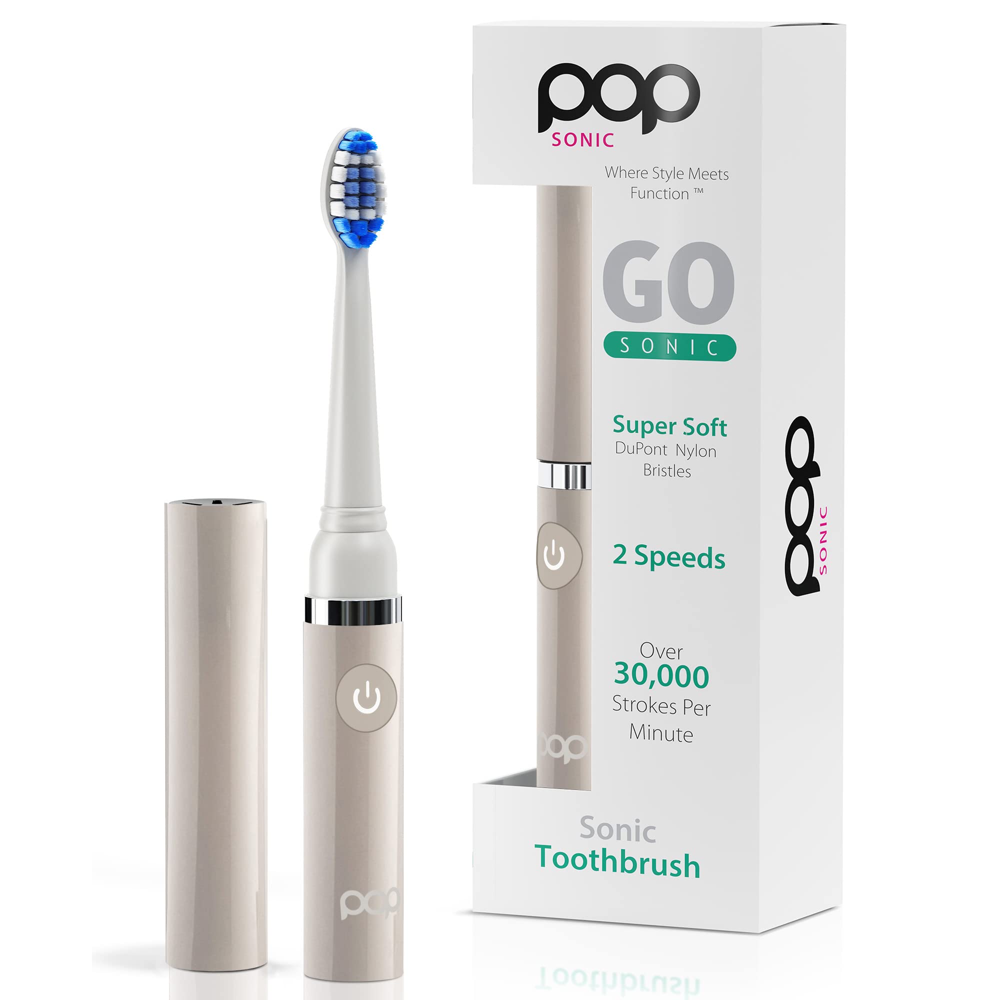 Pop Sonic Electric Toothbrush for Kids & Travel (Grey) - 2 Speed Modes, 15,000-30,000 Strokes/Min, Dupont Nylon Bristles, Battery Powered - Perfect for Home, School & Vacation Use