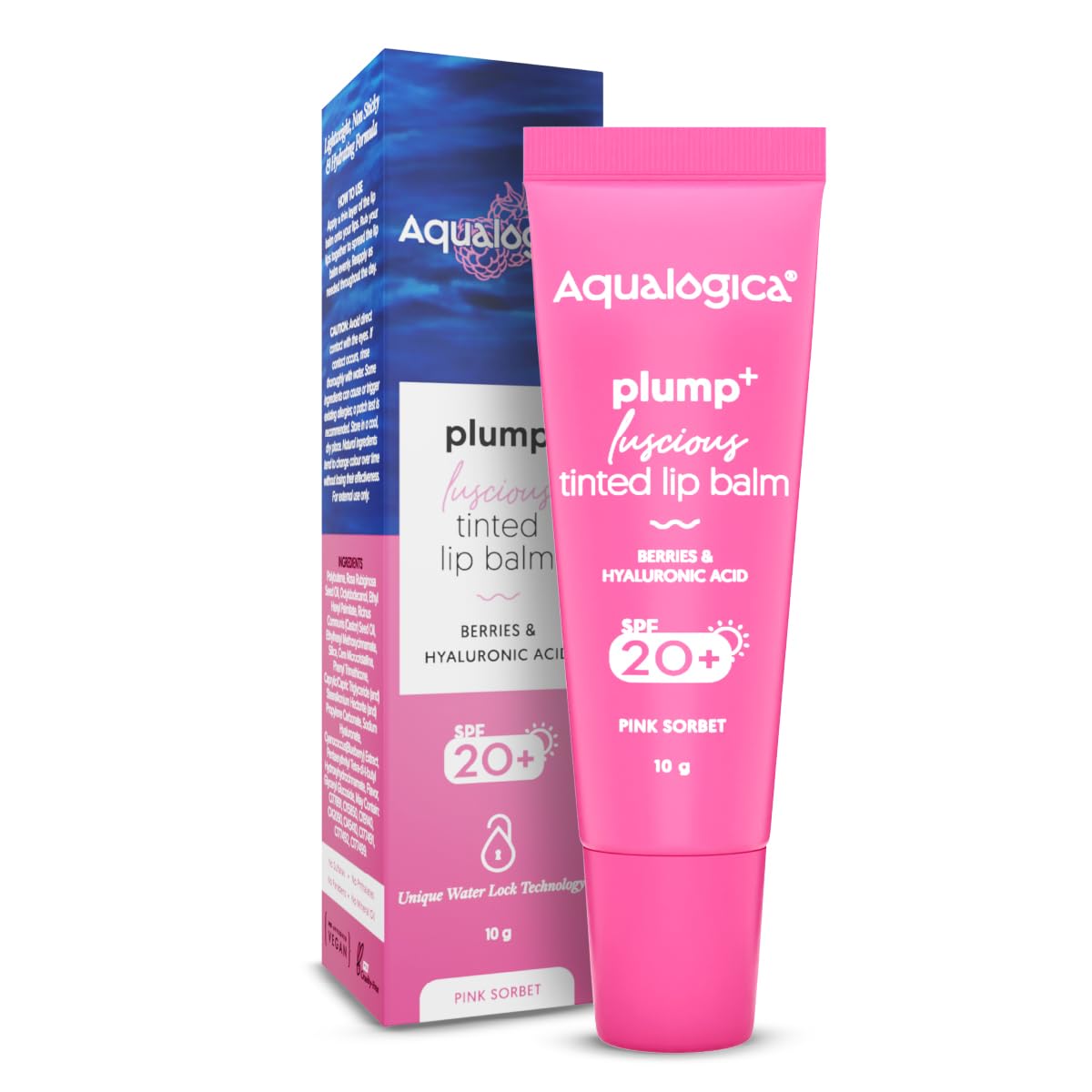 Aqualogica Pink Sorbet Plump+ Luscious Lightweight Tinted Lip Balm SPF 20 - Hydrating Lip Mask for Dry Lips, Lip Lightening Treatment for Women & Men - Perfect for Daily Moisture, Sun Protection & Natural Pink Lips (10g, 1 Count) | Great for Work, Travel & Night Care