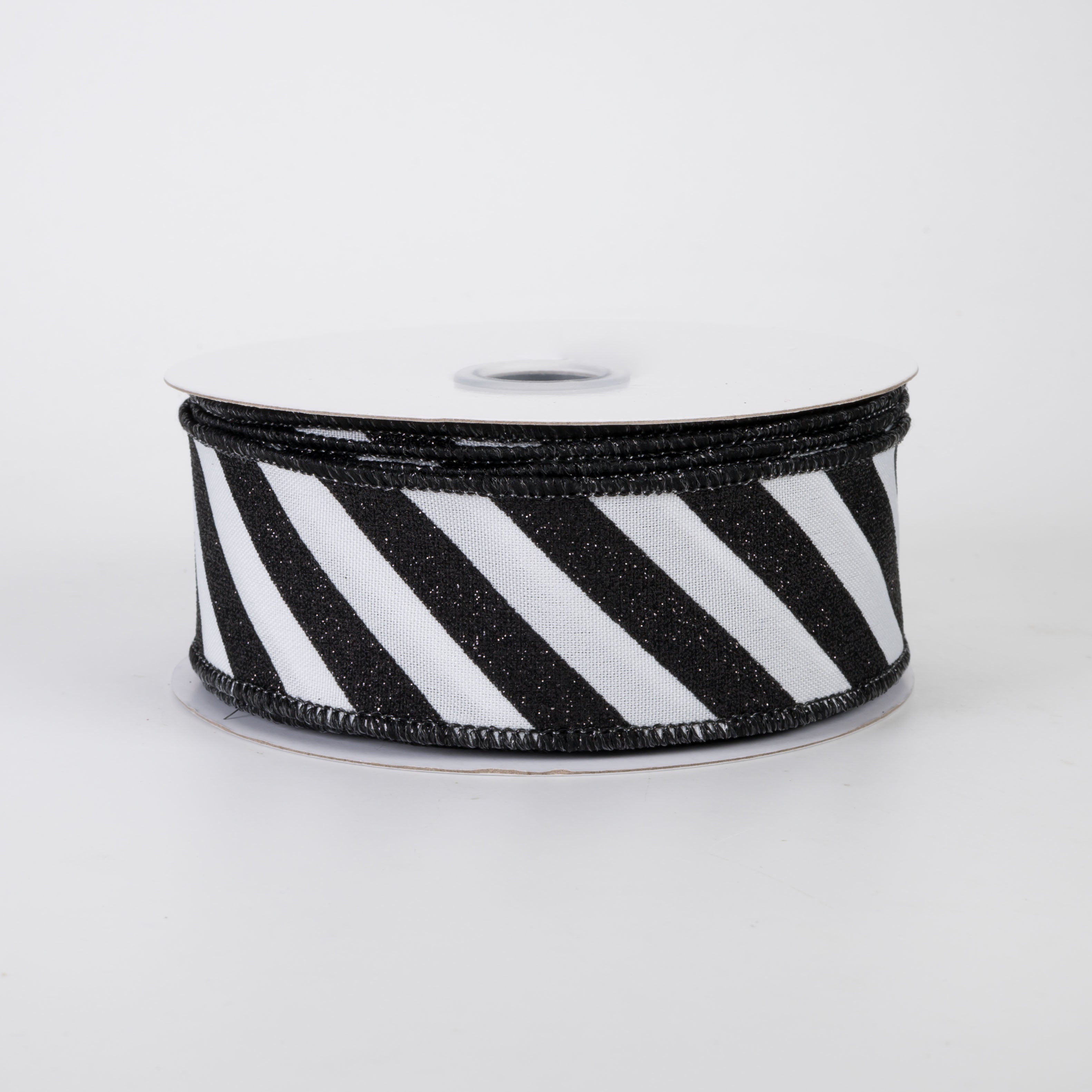 1.5 Inch Diagonal Glitter Stripe Canvas Ribbon - Black on White (10 Yards) for Gift Wrapping, DIY Crafts, Party Decorations and Scrapbooking