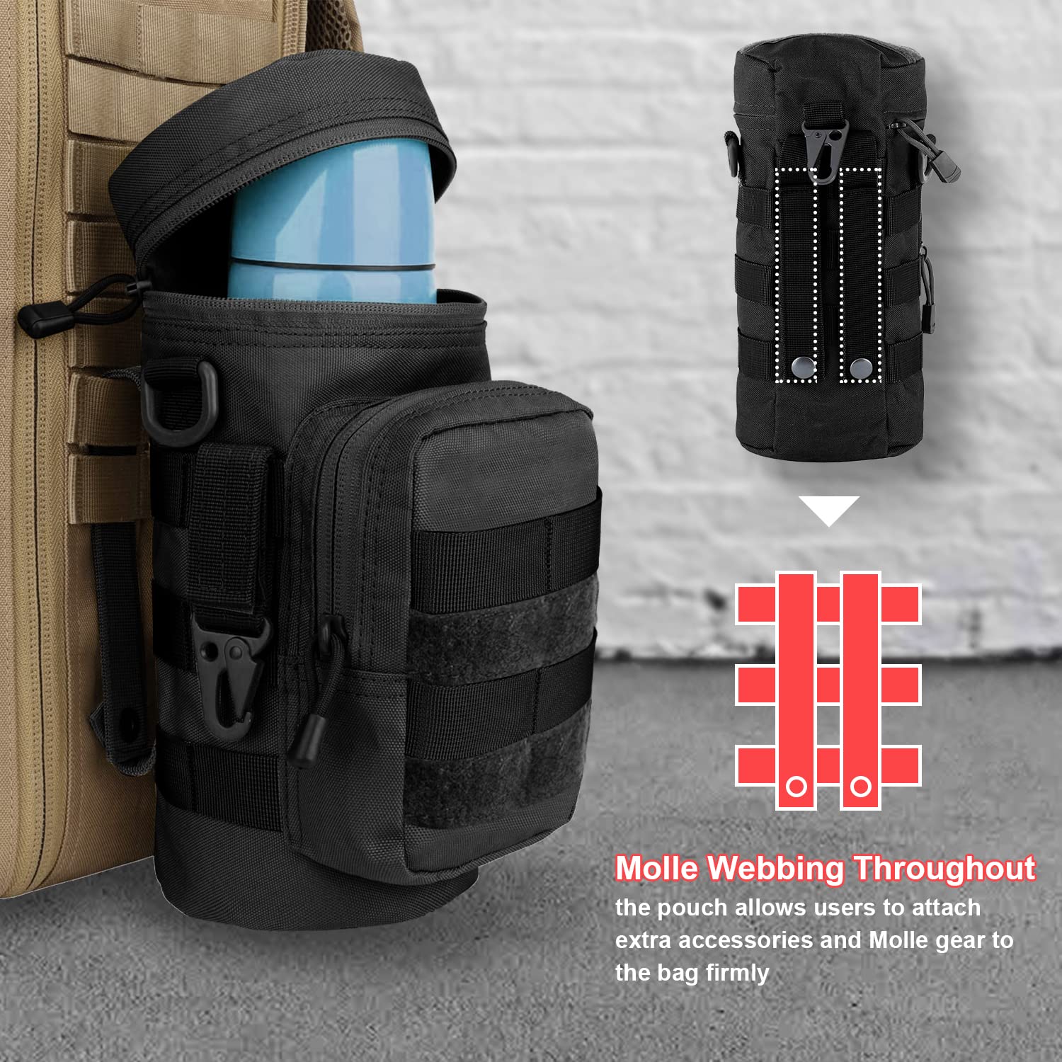Tactical MOLLE Water Bottle Holder for Backpack - Military Grade Bottle Pouch Carrier with Metal Hook - Perfect for Hiking, Camping, Cycling & Outdoor Adventures
