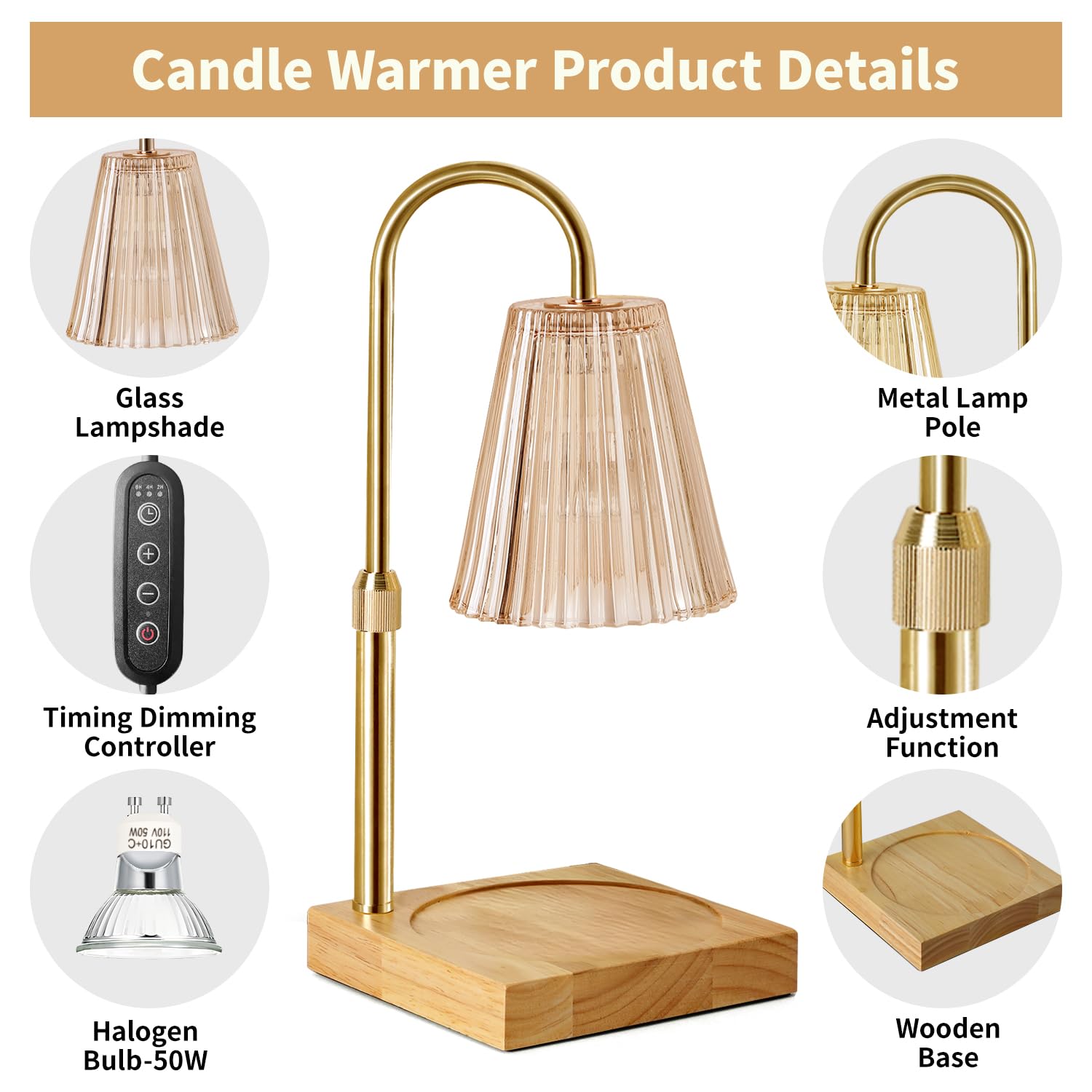 Adjustable Height Candle Warmer Lamp with Dimmer - 2 Included Bulbs, Amber Glass - Perfect for Aromatherapy, Home Decor & Gift Giving