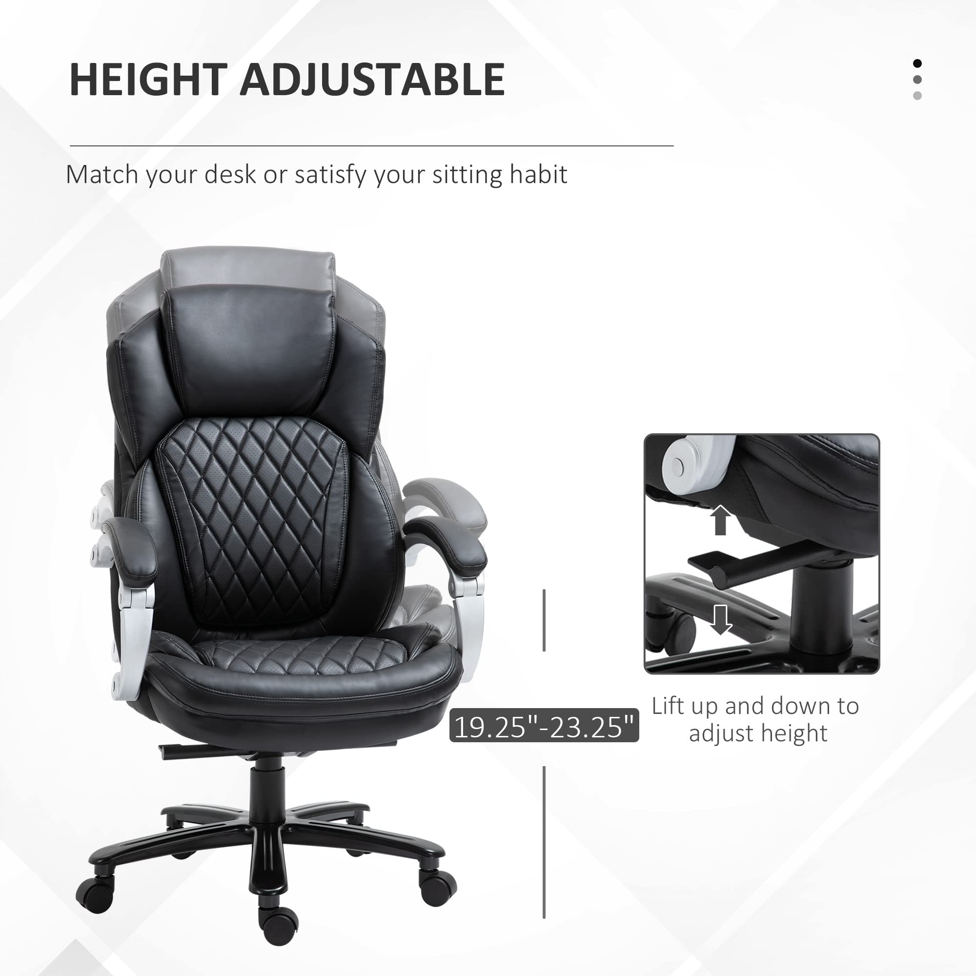 Vinsetto Big and Tall Executive Office Chair - Wide Seat High Back Computer Desk Chair with Diamond Stitching, Adjustable Height & Swivel Wheels - Ergonomic Black Chair for Home Office, Gaming & Workspace Comfort