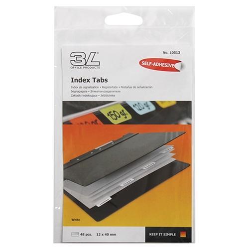 3L Self Adhesive Index Tabs - 40mm White (48 Pack) - Perfect for Office Files, Notebooks, and Document Organization