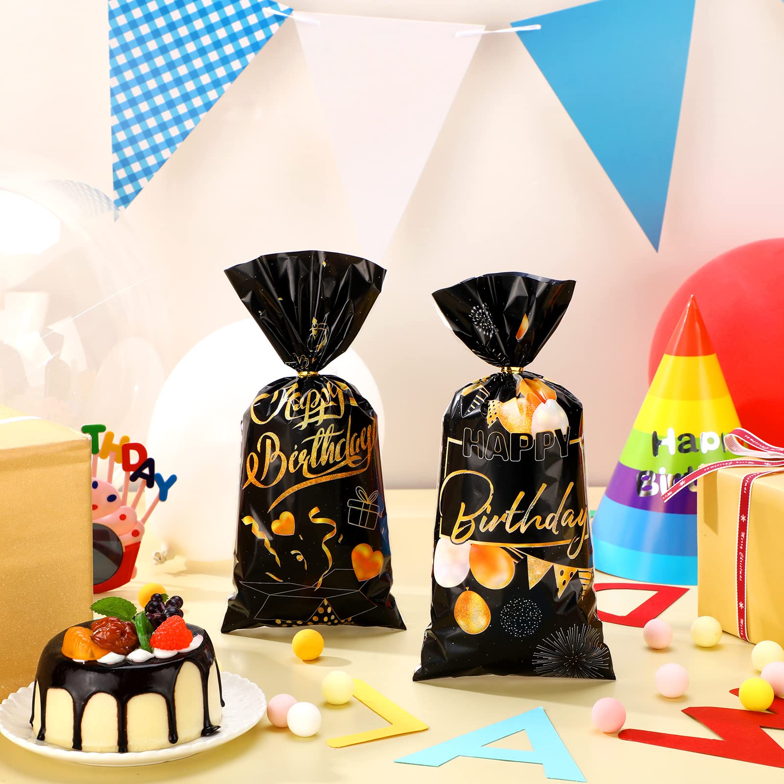 150 Pcs Black and Gold Candy Bags with Ties - Birthday Party Favor Bags, Cellophane Treat Bags for Goodie Gifts, Party Decorations - Perfect for Birthday Celebrations, Baby Showers & Wedding Favors