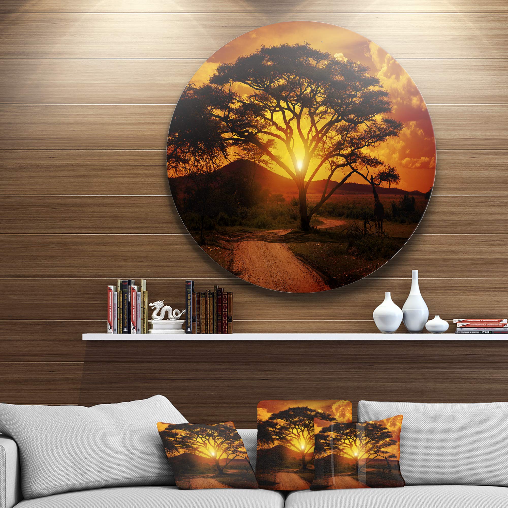DesignArt Round Metal Wall Art - African Sunset with Lonely Tree Landscape Decor | Handcrafted Metal Wall Decor for Living Room, Bedroom, or Office