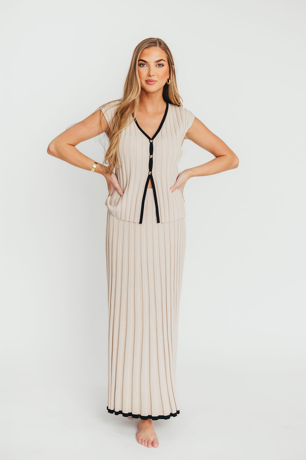 Arianna Women's Contrast Knit Top and Maxi Skirt Set - Taupe/Black - Casual Outfit for Summer, Beach, and Date Night
