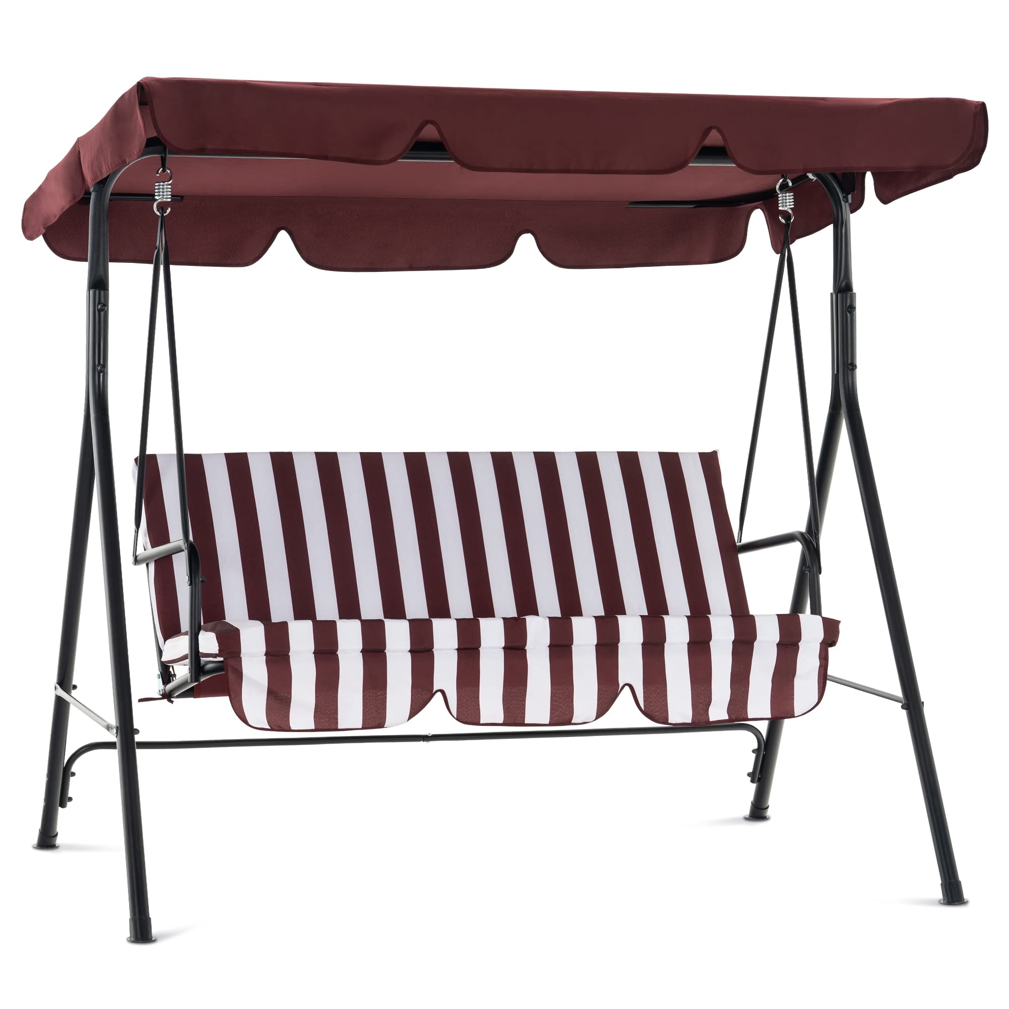 Mcombo 2-3 Person Outdoor Patio Swing Chair with Canopy & Steel Stand - Removable Cushions, Weather-Resistant for Backyard, Garden, Balcony, Porch (Brick Red with White Stripes) - Perfect for Relaxing, Lounging & Enjoying Summer Breezes